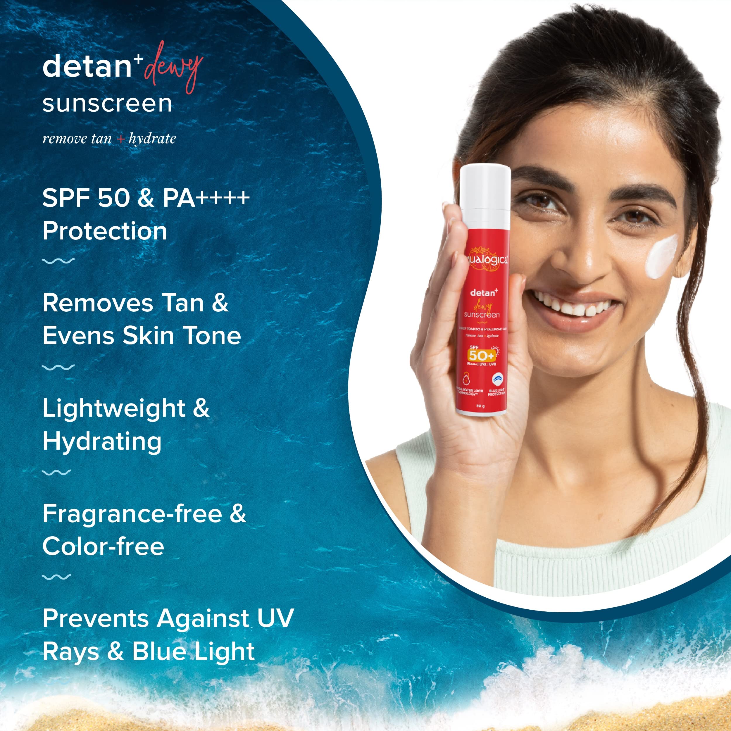 Aqualogica Detan+ Dewy Face Sunscreen with SPF 50+ & PA++++ | Blue Light Protection & No White Cast | Fights Sun Damage with Che