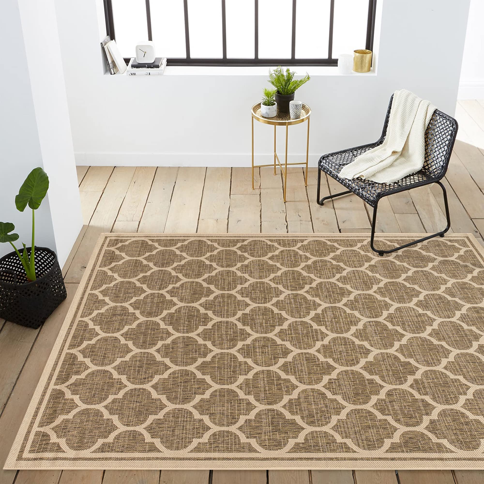 JONATHAN Y Trebol Moroccan Trellis Textured Weave IndoorOutdoor BrownBeige 4 ft x 6 ft Area-Rug, coastal,Easy-cleaning,HighTraff