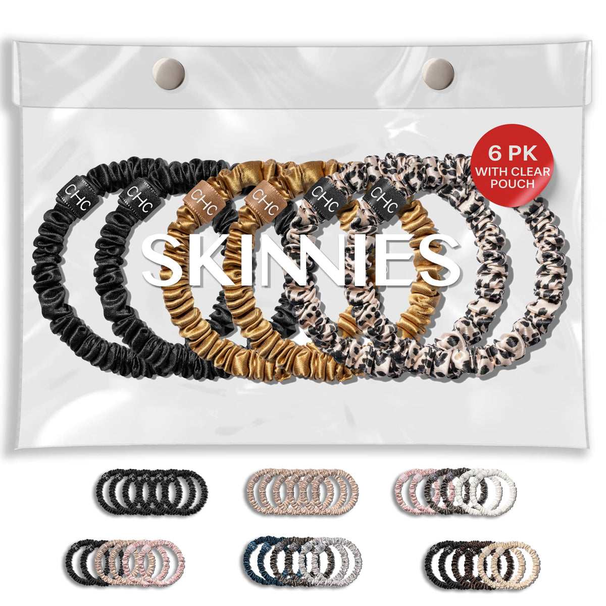 Ch. SKINNIES-6 Premium 22 Momme Handmade Scrunchies Set, 100% Pure Silk Ties for Hair & Sleep | STYLE: Wild, Black & Gold