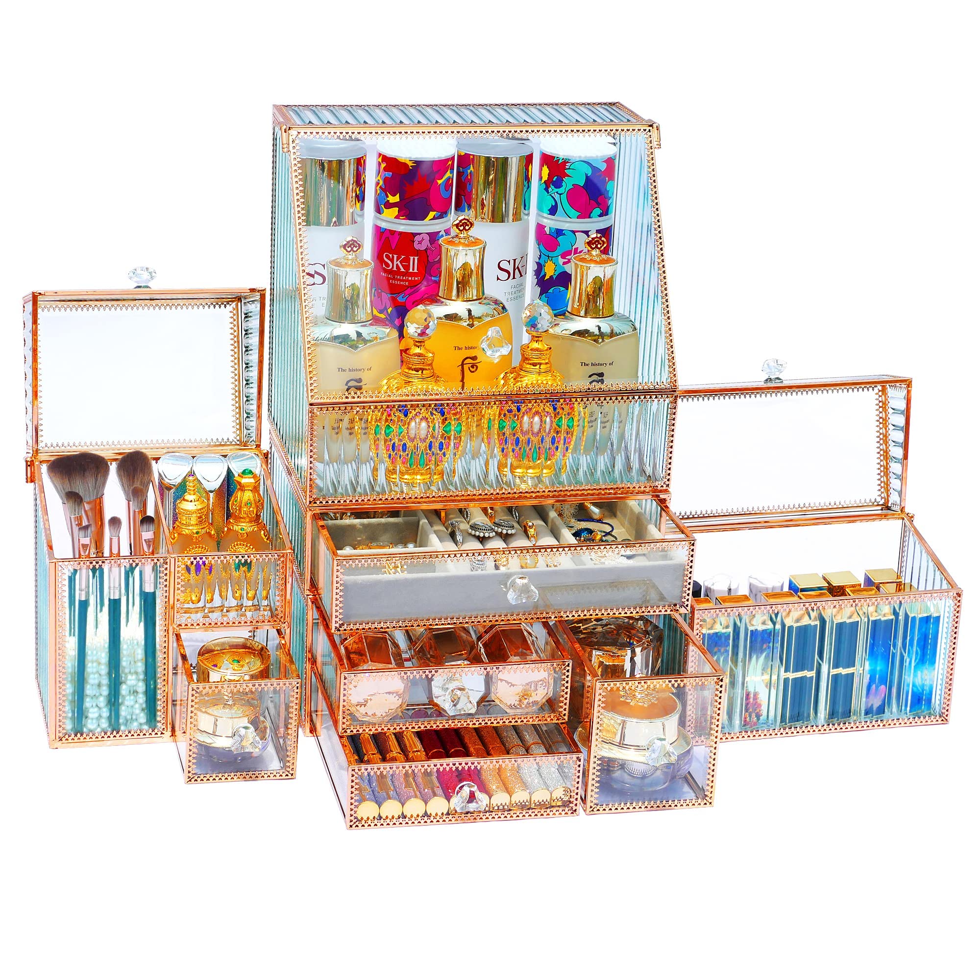 Youdepot Makeup Organizer Countertop Cosmetic Organizer Tempered Glass Multi-Functional 5-in-1 Cosmetic Display Cases, Stackable