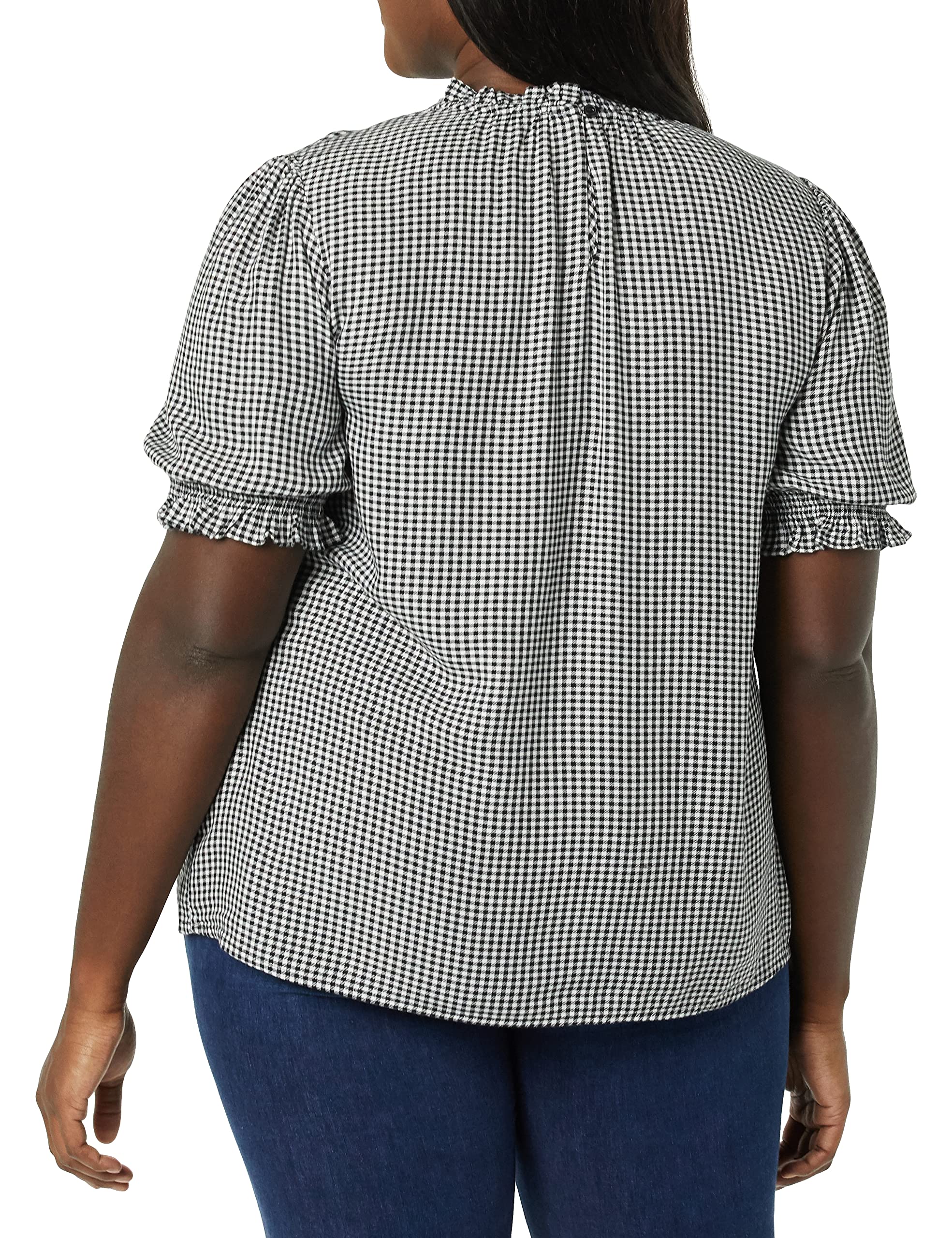 Amazon Essentials Womens Fluid Twill Short Puff Sleeve Smock Detail Shirt, BlackWhite, gingham, X-Small