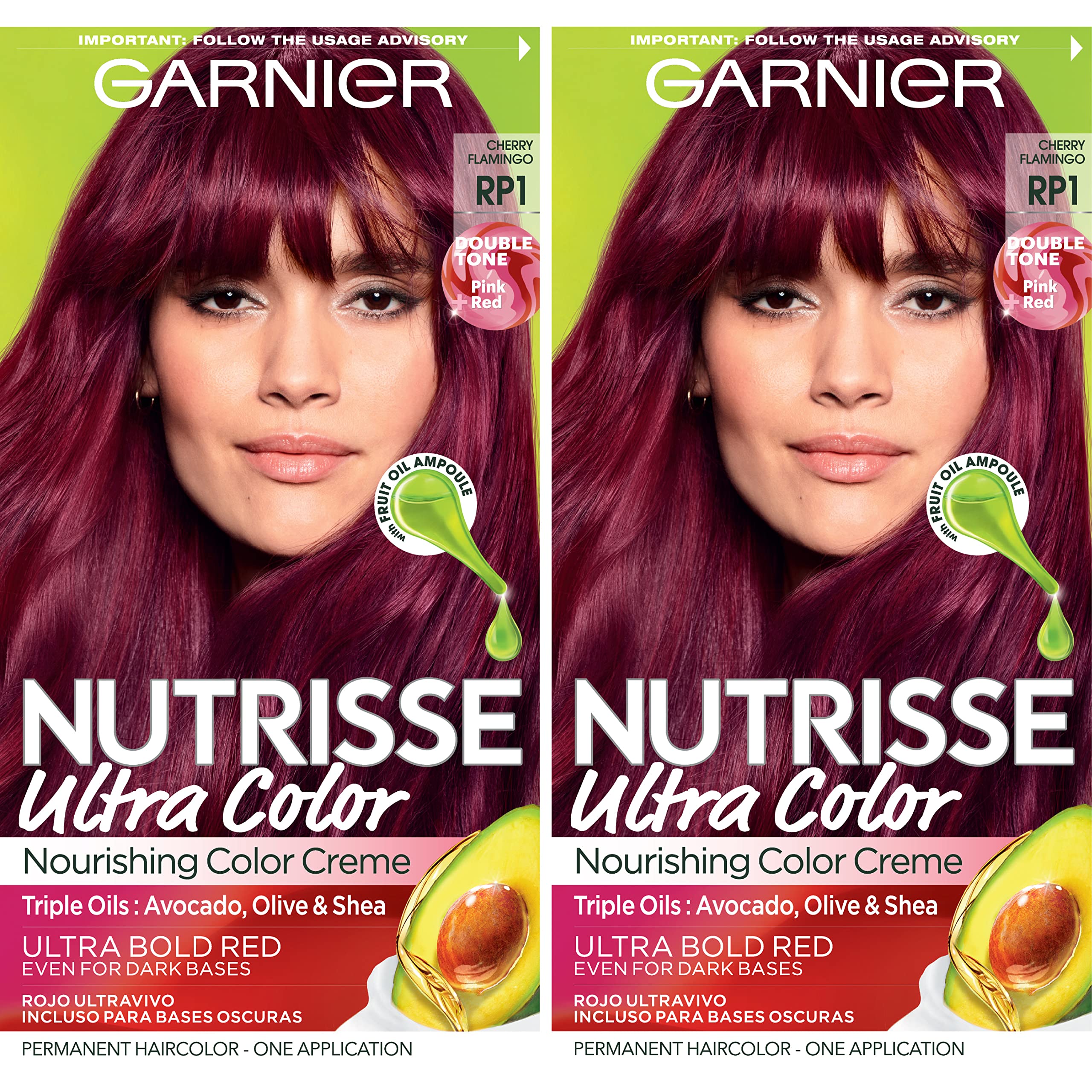Garnier Hair Color Nutrisse Ultra Color Nourishing Creme, RP1 Pink Red (Cherry Flamingo) Permanent Hair Dye, 2 Count (Packaging 
