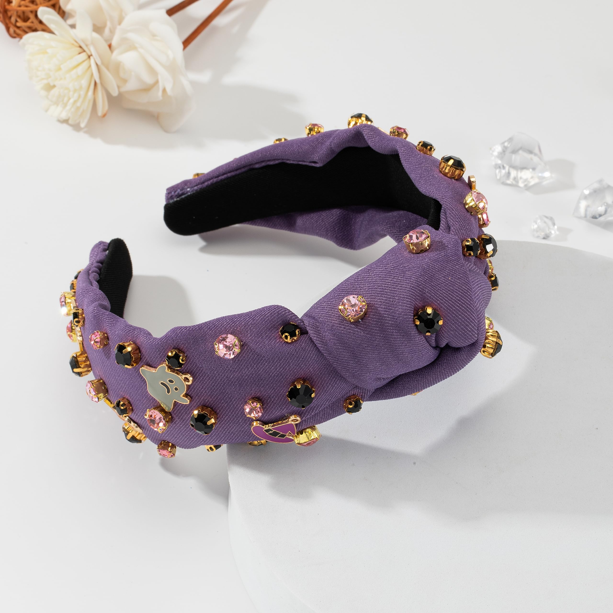 Halloween Rhinestone Knotted Jeweled Headband for Women - Purple Witch Hat Ghost Embellished Mixed Top Hairband - Ladies Twist W