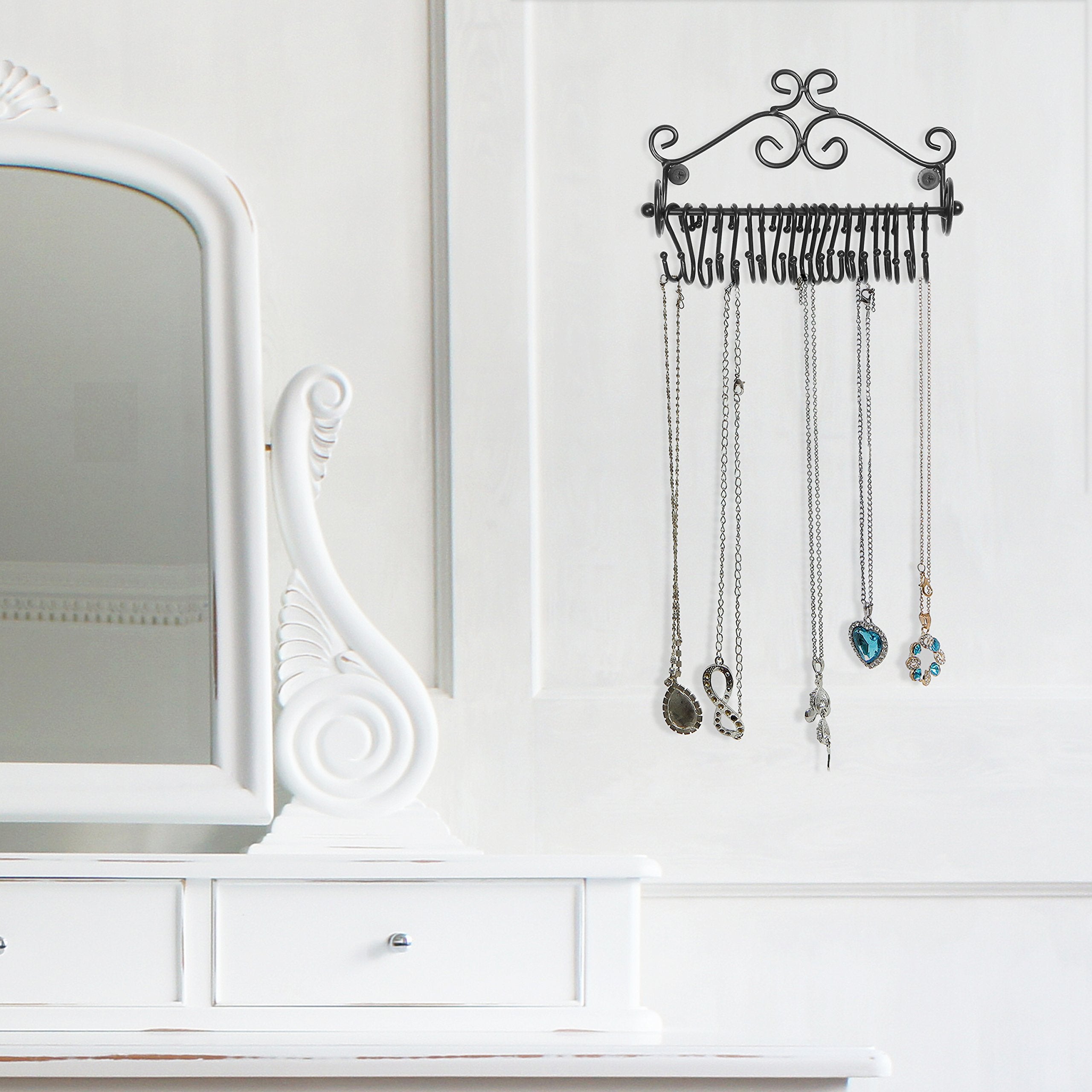 MyGift Set of 2 Jewelry Organizer - Wall Mounted Black Metal Scrollwork Design Necklace Holder Jewelry Display Storage Rack with