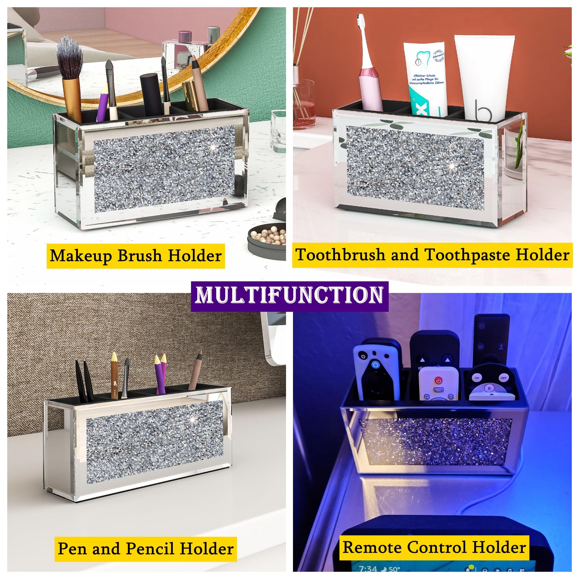 SHYFOY Mirrored Makeup Brush Holder Organizer, 3 Slot Glass Cosmetics Brushes Storage Holders with Crystal Crushed Diamond, Cute