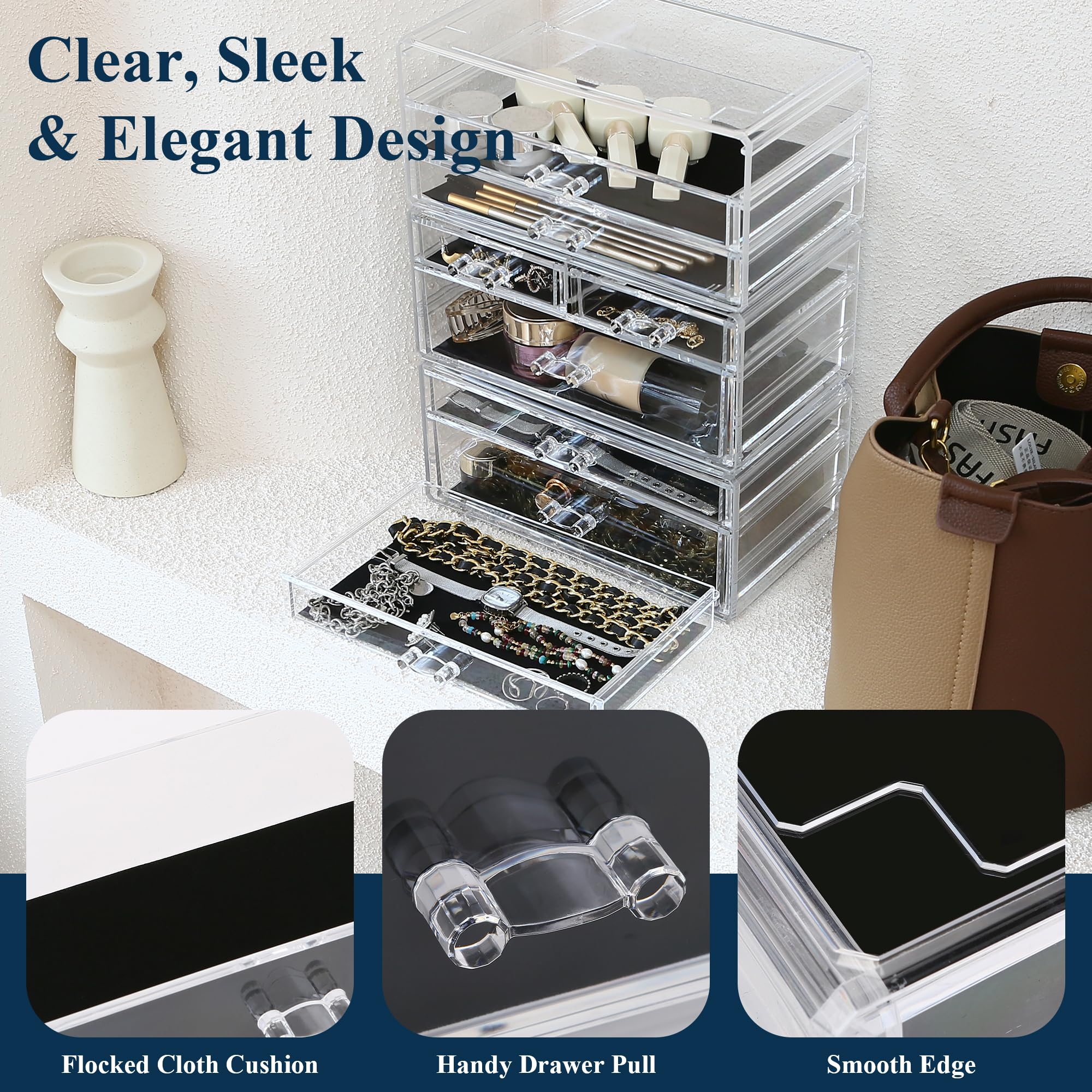 Sea Team 3-Tier Stackable Clear Makeup Organizer with Drawers, Acrylic Plastic Cosmetic Display Case, Jewelry Storage Box, Holde