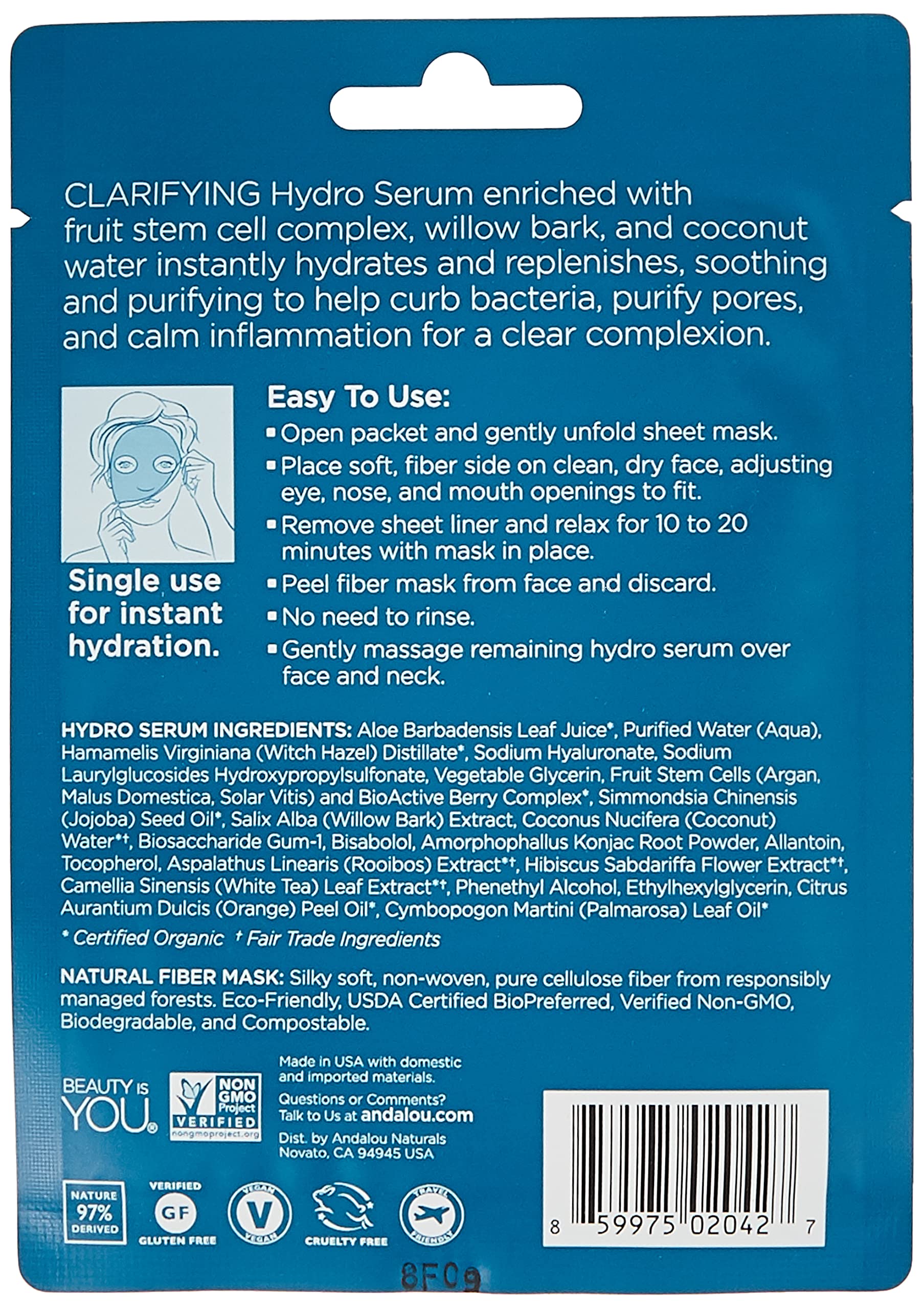 Andalou Naturals Coconut Water Instant Pure Pore Hydro Serum Facial Mask, Gluten Free, 0.6 Fluid Ounce (Pack Of 6)