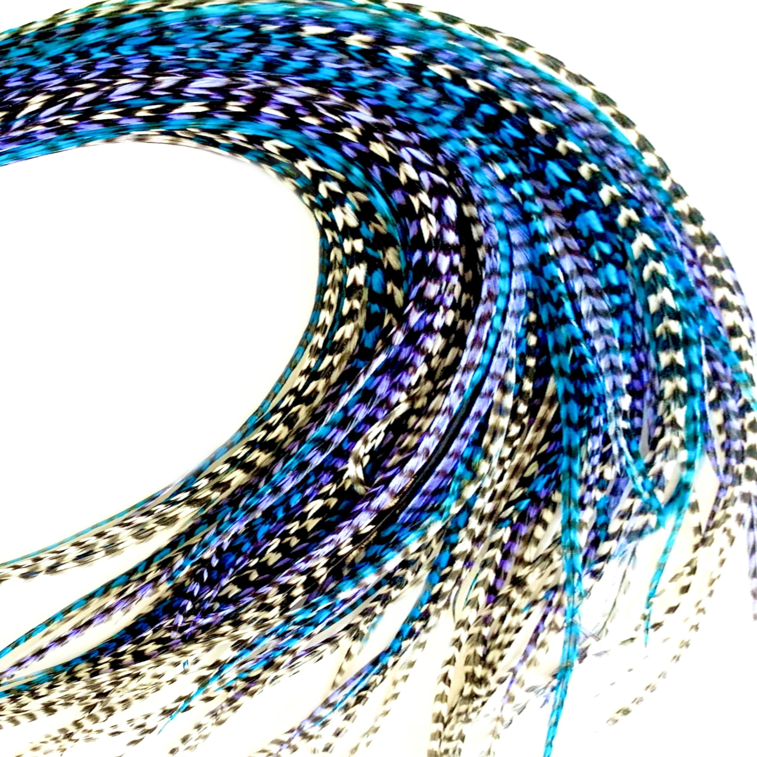 21 Purple, White & Turquoise Grizzly Color Hair Feathers - 7   - 12    Long - Feathers for Hair Extension, Rooster Feathers DIY 