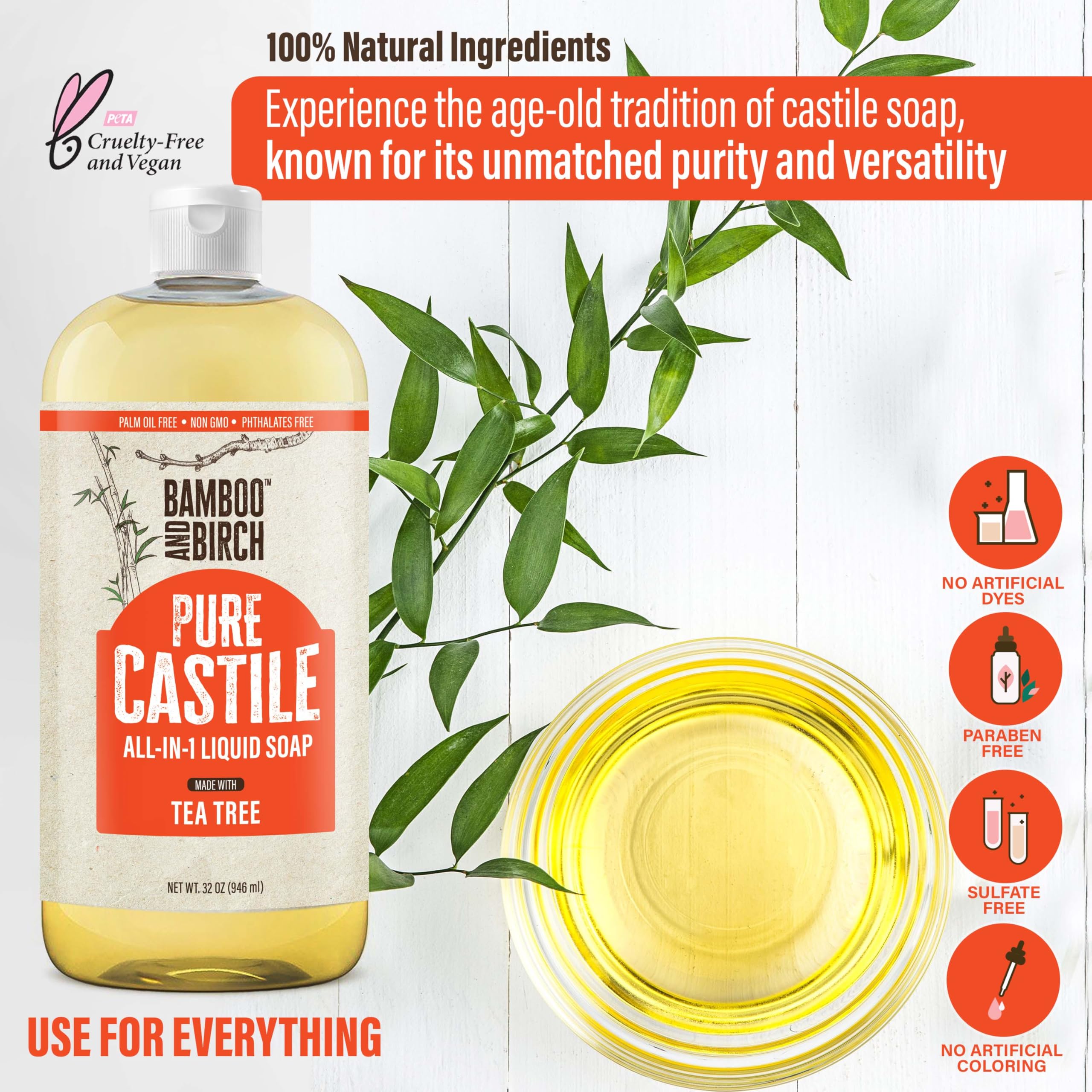 Bamboo And Birch Pure Castile Soap Liquid Organic, Certified Palm Oil Free Natural Soap, Tea Tree, 32 Oz