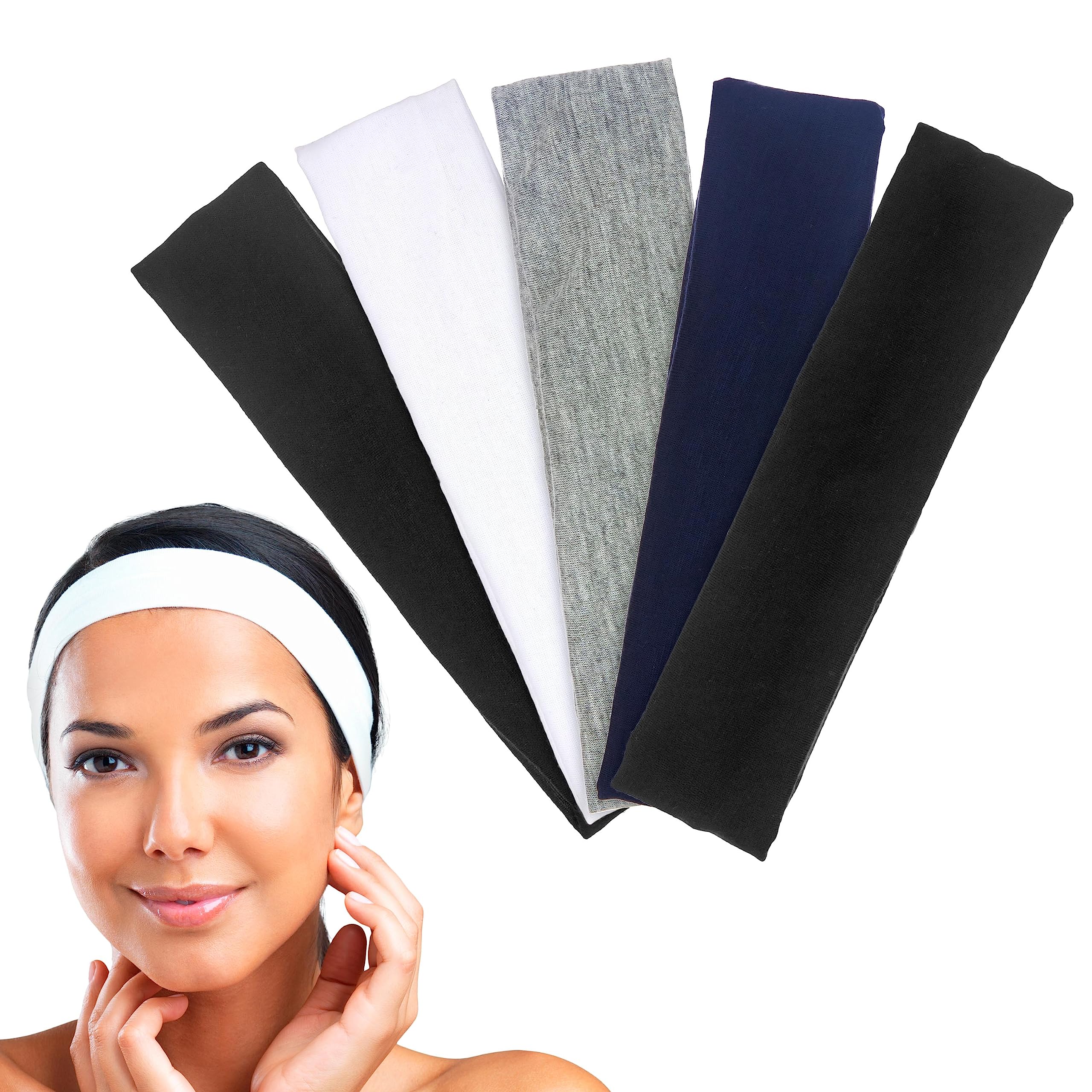 Expressions 5Pc Headwraps In Black, Blue, Gray & White - Bulk Hair Accessories For Women, Workout Headbands For Women, Fabric He