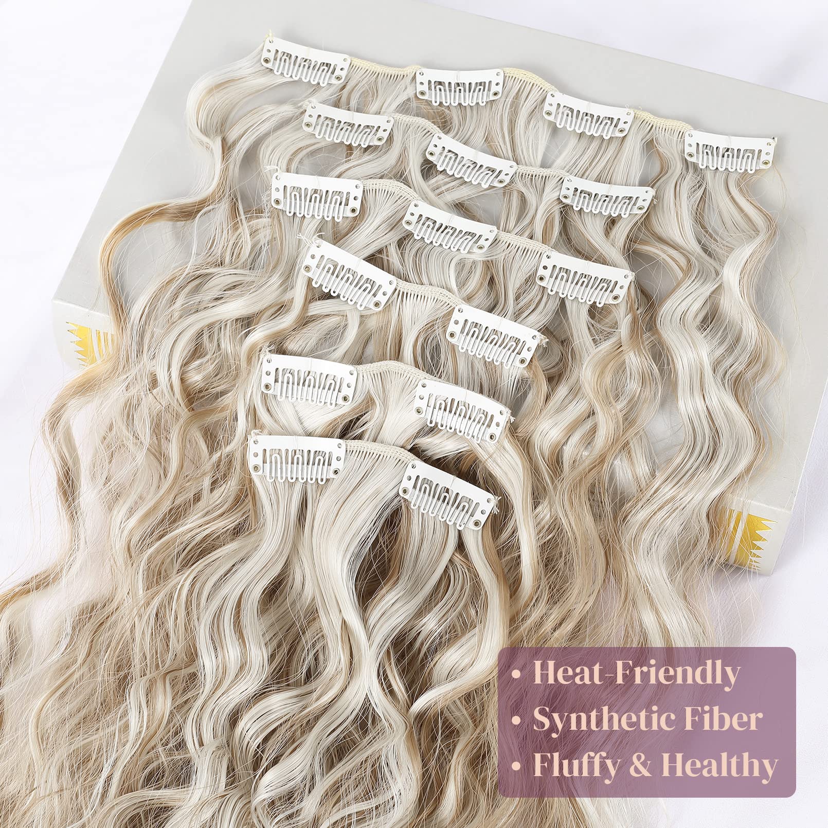 LONAI Clip In Hair Extensions, 6PCS Curly 24 '' Long Synthetic Clip On Hairpiece For Women-Light Blonde with White Blonde Highli