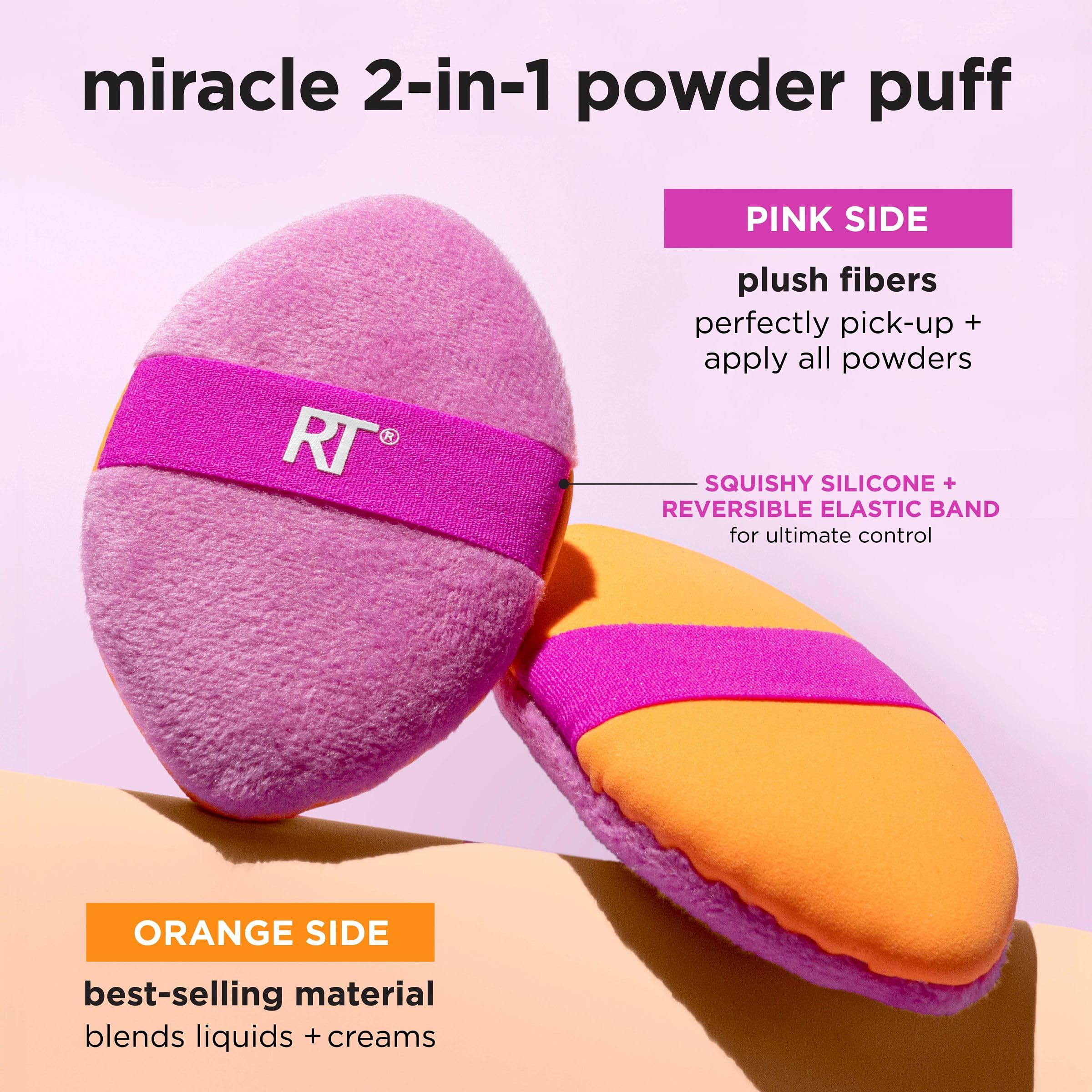 Real Techniques Miracle 2-In-1 Powder Puff 4 Pack, Dual-Sided, Full Size Makeup Blending Puff, Reversible Elastic Band, Makeup S