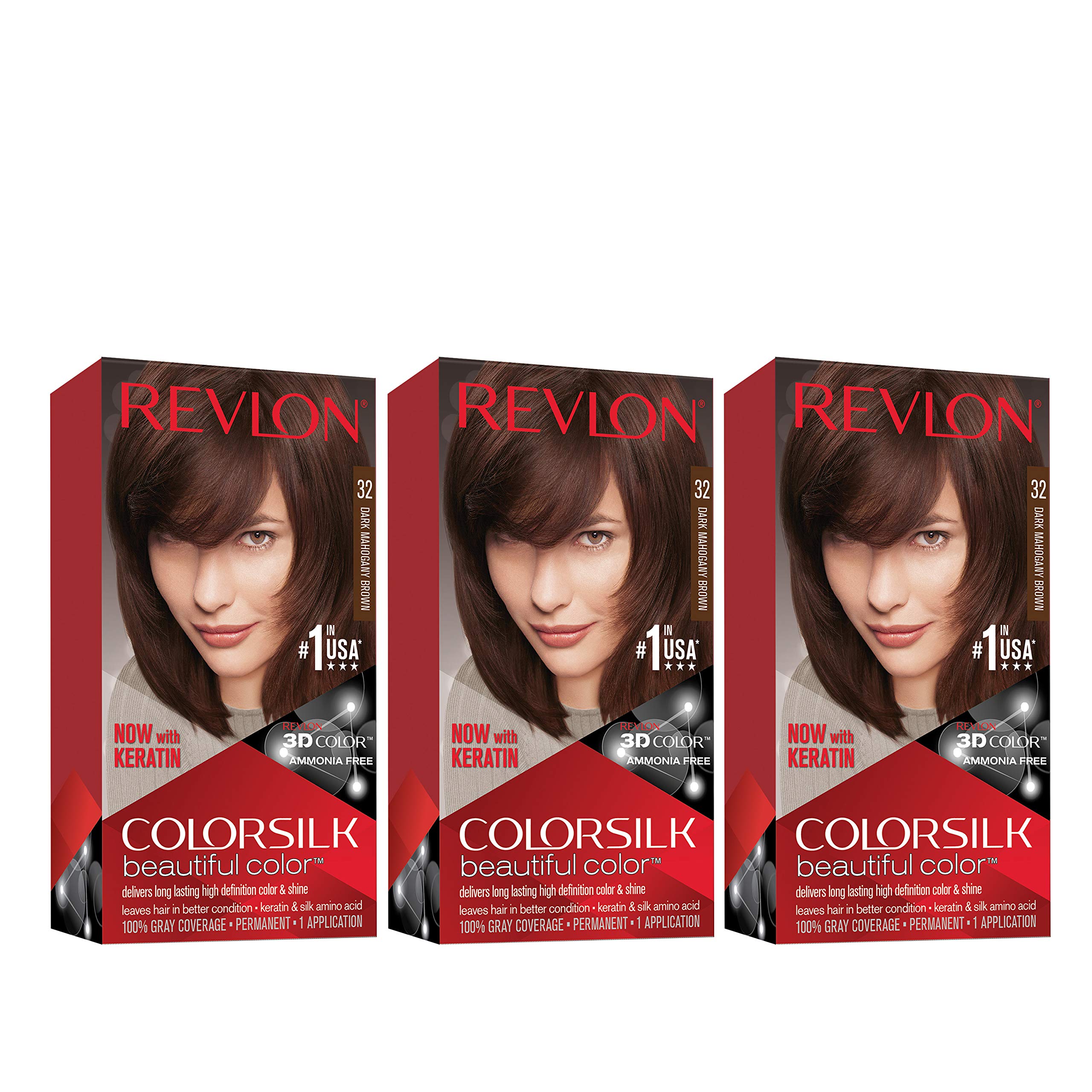 Revlon Colorsilk Beautiful Color Permanent Hair Color With 3D Gel Technology & Keratin, 100% Gray Coverage Hair Dye, 32 Dark Mah