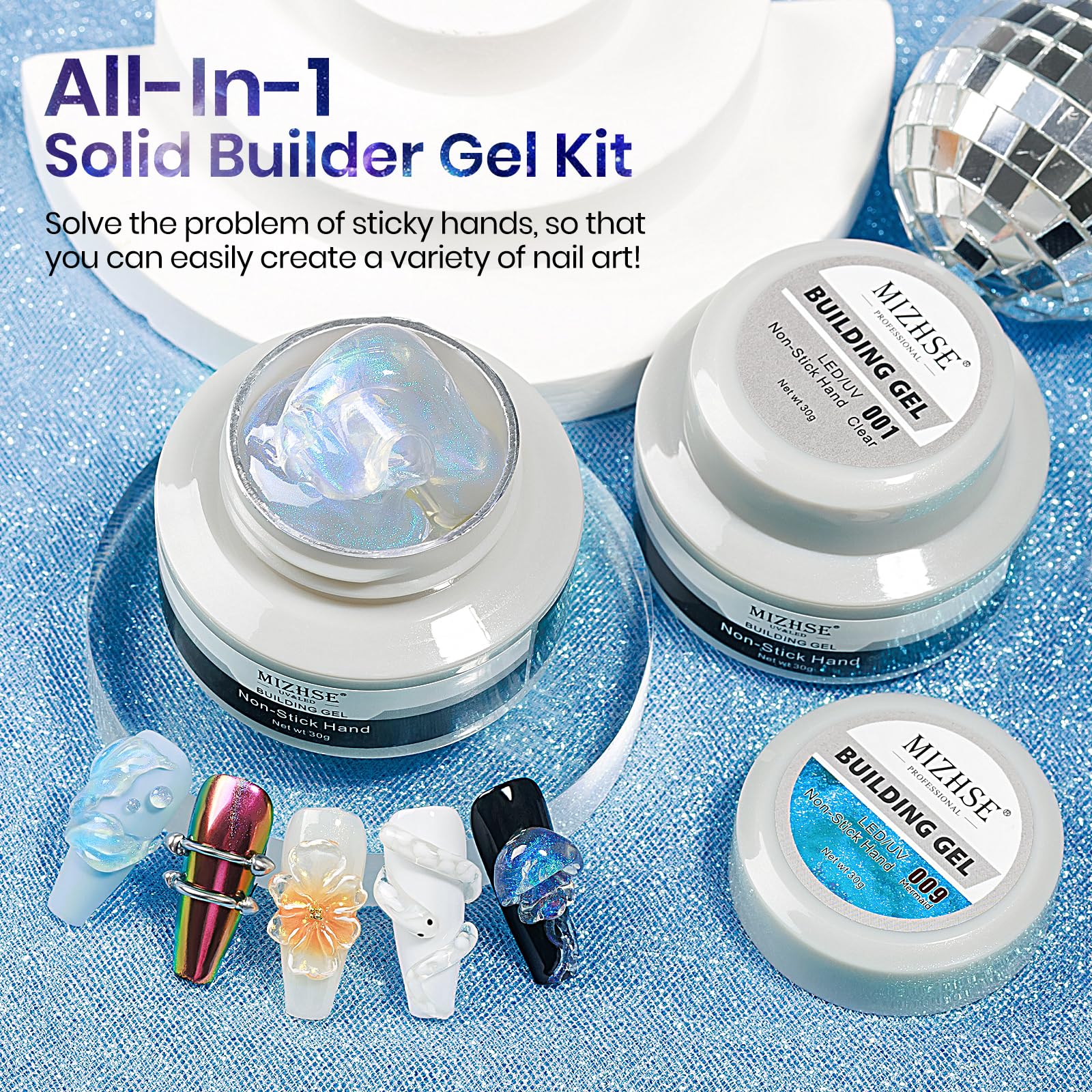 Mizhse 2Pcs Solid Builder Gel For Nails Kit: 30G/1Oz Clear & Aurora Hard Gel For Nails 3D Nail Gel With Nail Forms 3D Silicone M