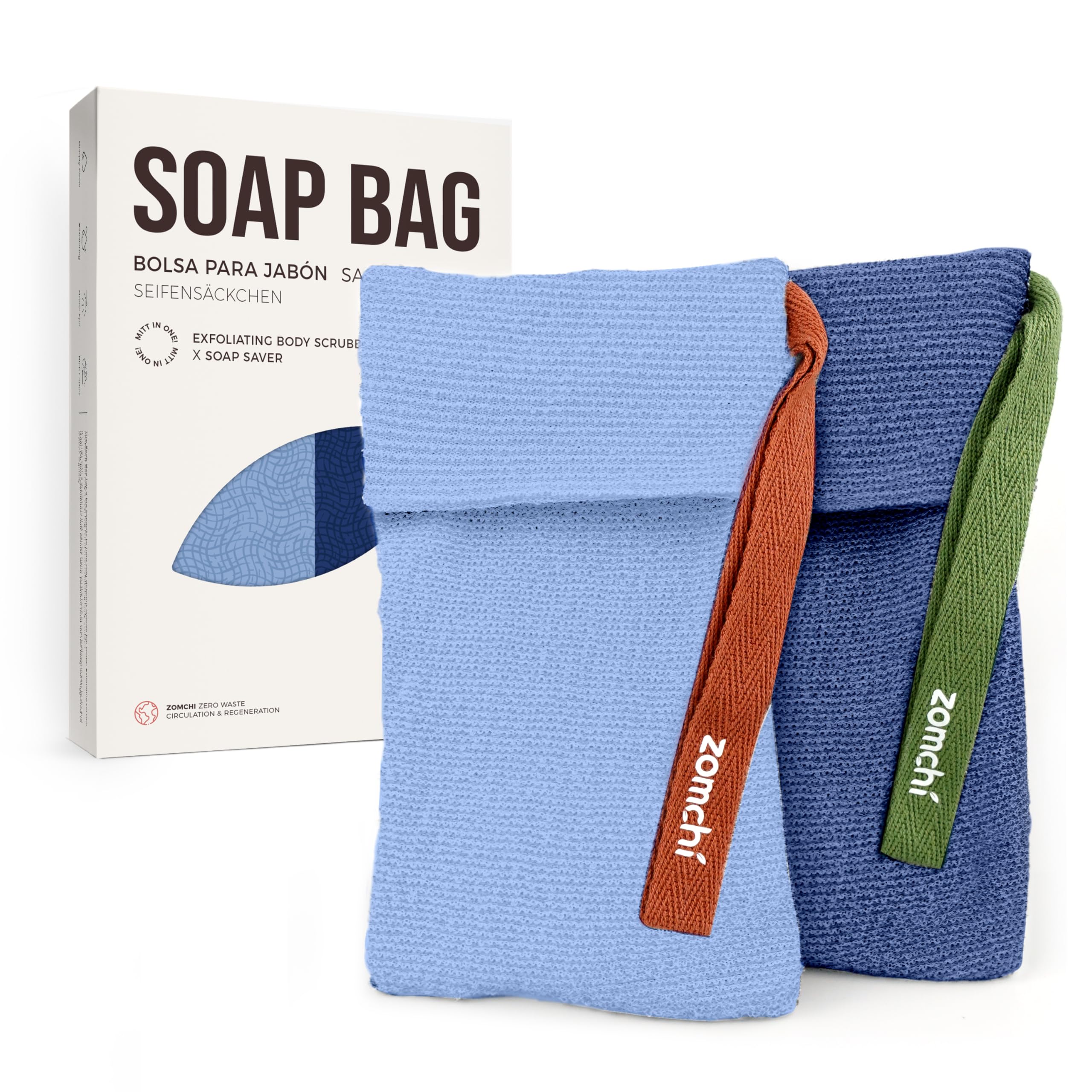 ZOMCHI 2 Pieces Soap Bags for Soap Bars with Different Roughness, Exfoliating Soap Saver Bags, Soap Pouch for Body Wash (Blue)