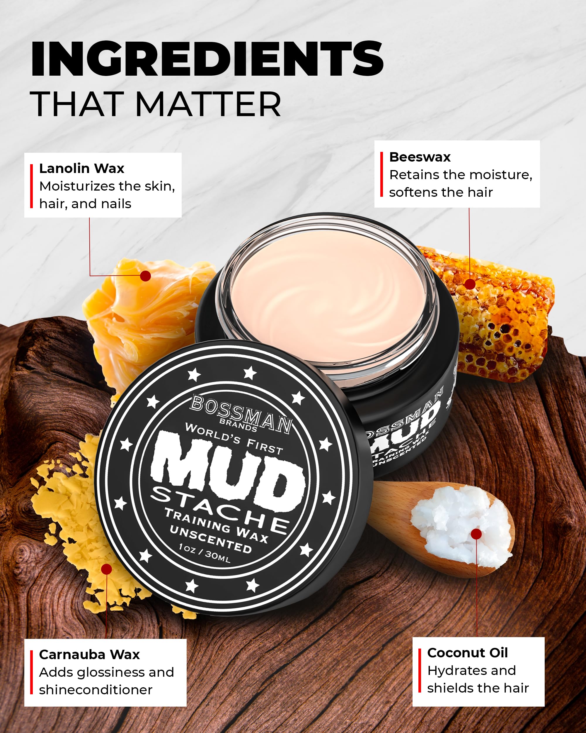 Bossman Mudstache Unscented Mustache Wax For Men (1 Oz) - Strong 24-Hour Hold, Non-Tacky & Easy To Apply For Taming & Styling