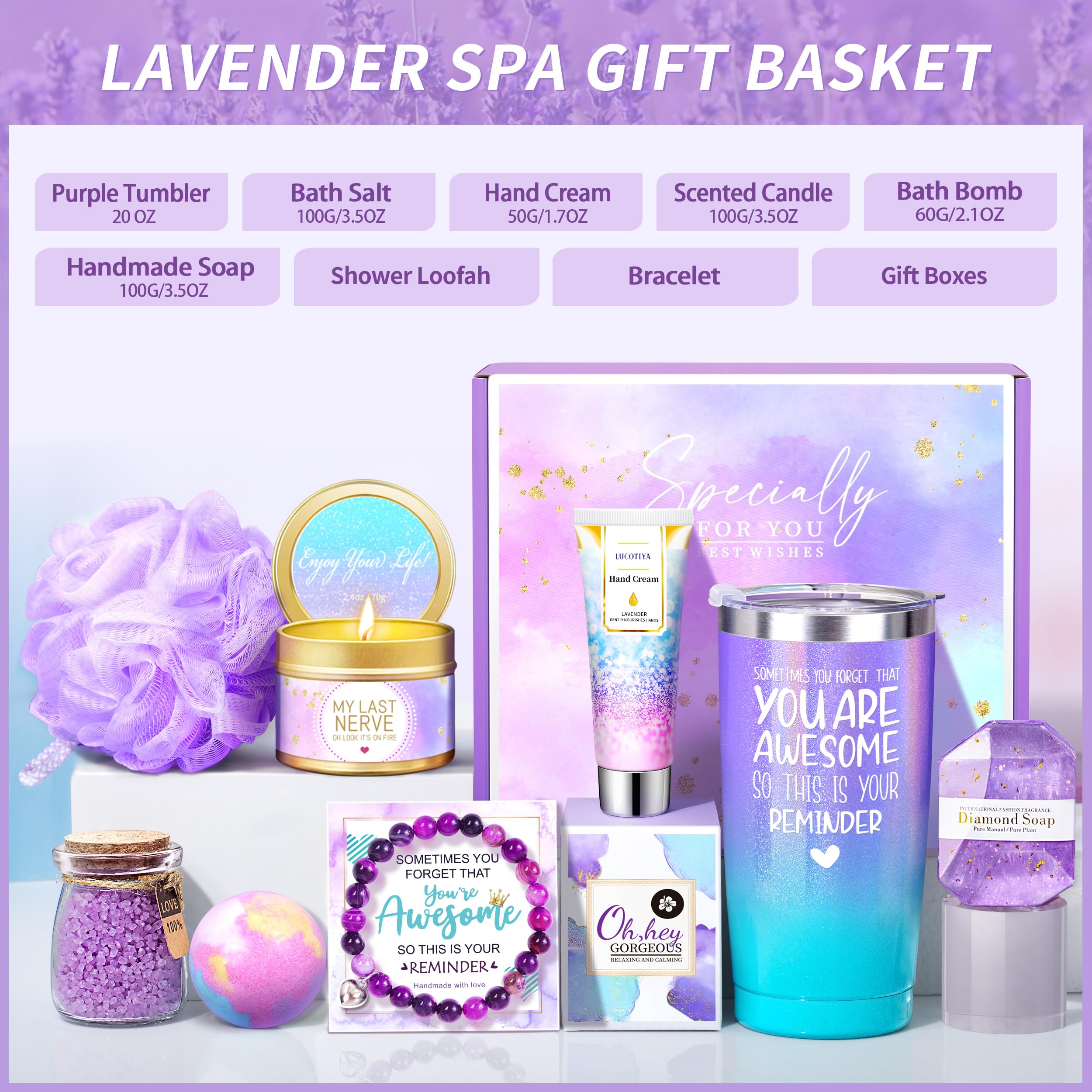 Gifts For Women, Birthday Gifts For Women, Sister, Wife, Teacher, 9Pcs Lavender Care Package Gifts Set, Get Well Soon Gifts For