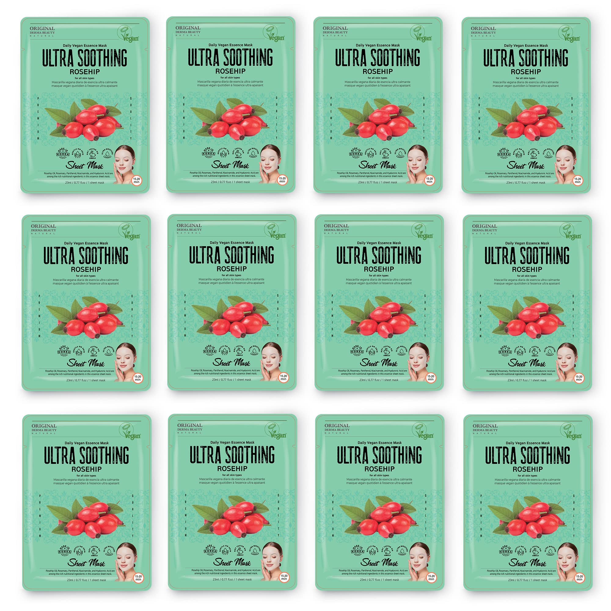Innerest Original Derma Beauty Collagen Face Masks 12 Pk Vegan Ultra Soothing Rosehip Face Mask Skin Care Sheet Masks Set For Be