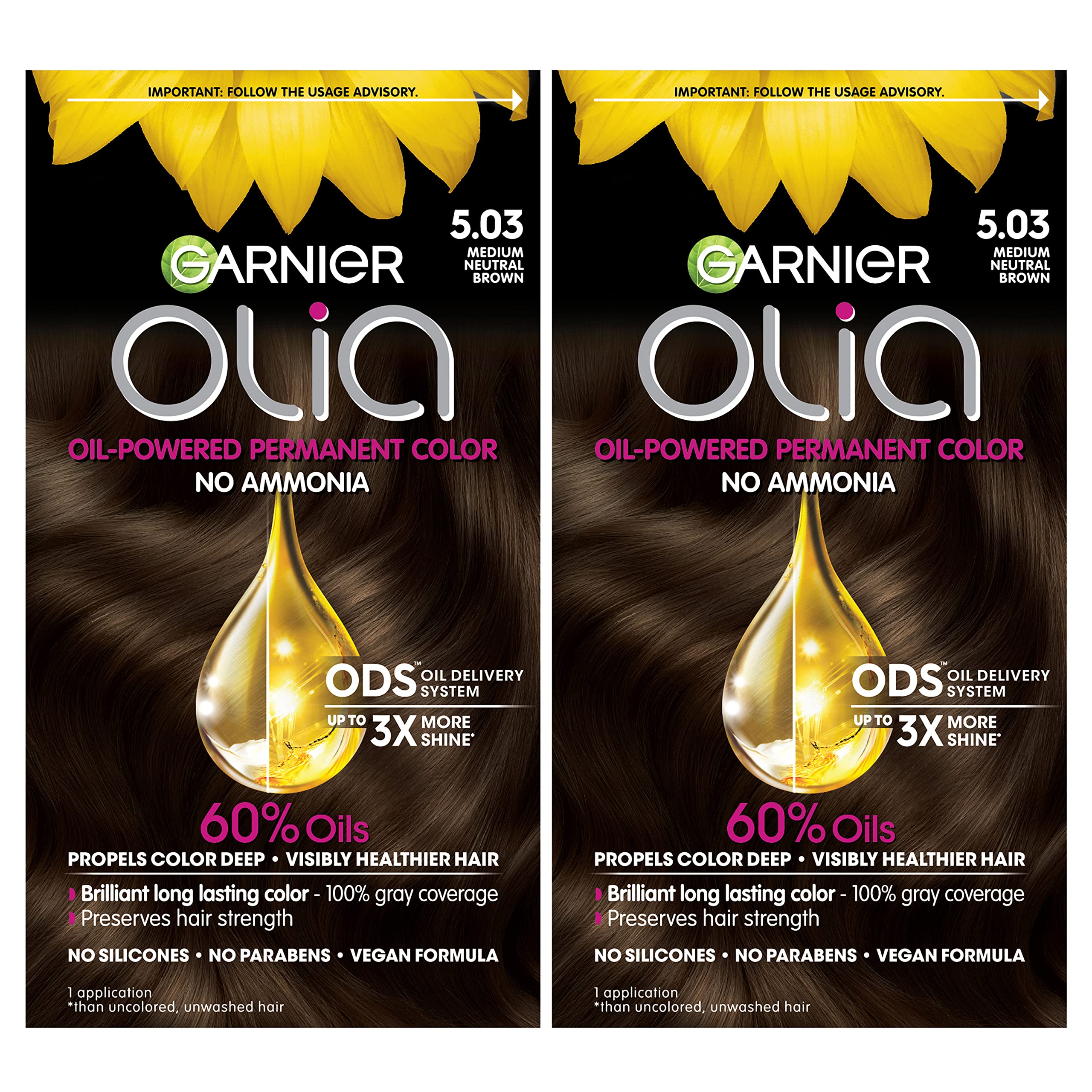 Garnier Hair Color Olia Ammonia-Free Brilliant Color Oil-Rich Permanent Hair Dye, 5.03 Medium Neutral Brown, 2 Count (Packaging 