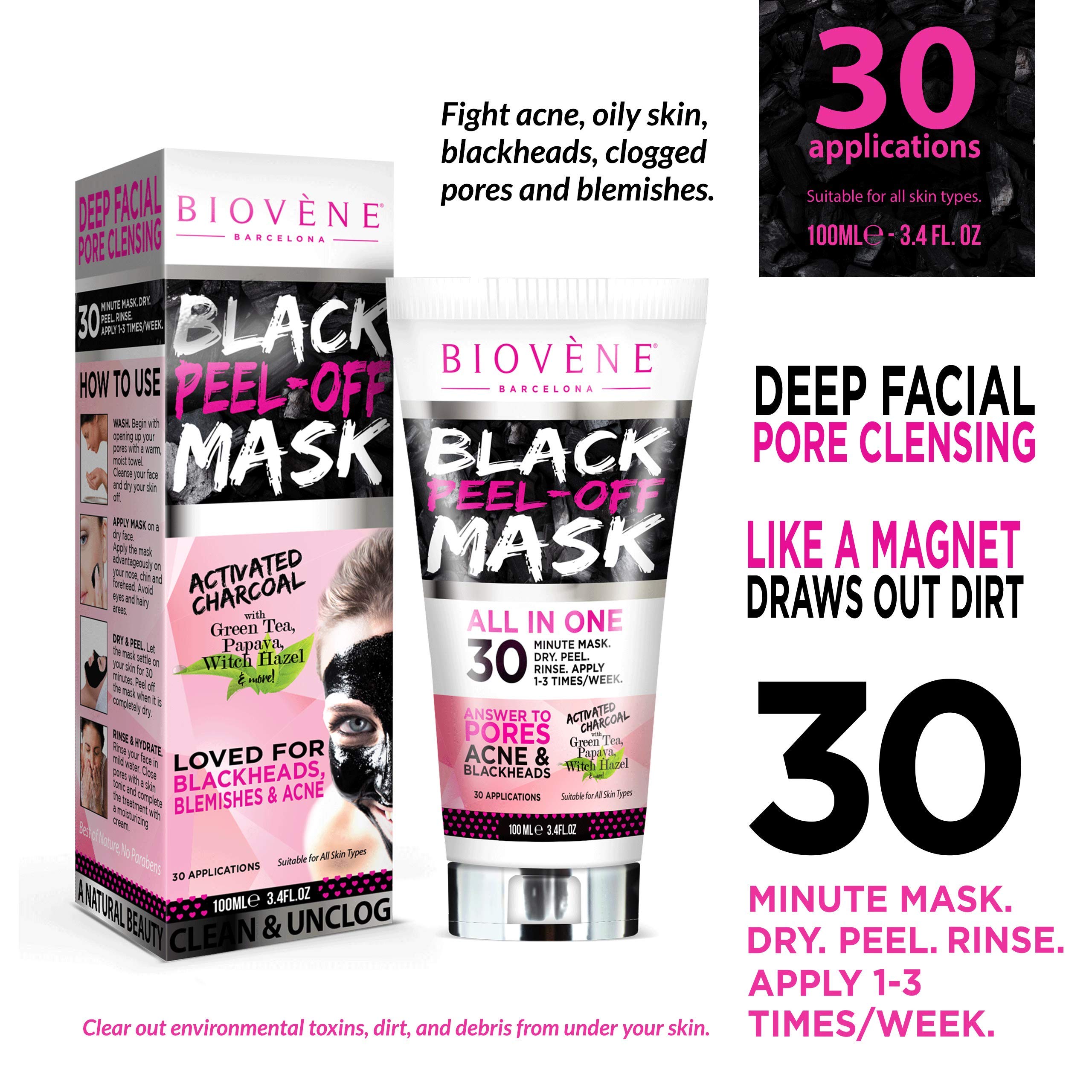 Biov?ne Black Peel-Off Mask, 3.4 oz Tube, Black Face Mask to Combat Acne, Blemishes and Blackheads with Activated Charcoal, Aloe