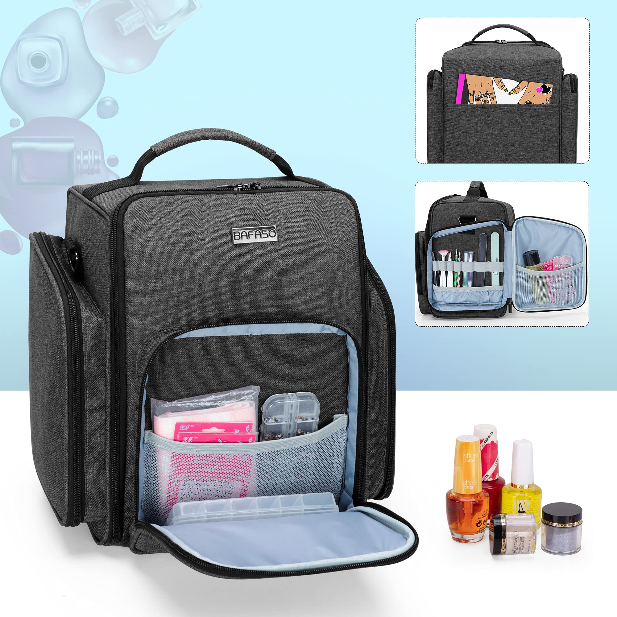 BAFASO Nail Polish Organizer Holds 72 Bottles (15ml - 0.5 fl.oz), Large Nail Polish Case with 3 Removable Pouches and Multiple S