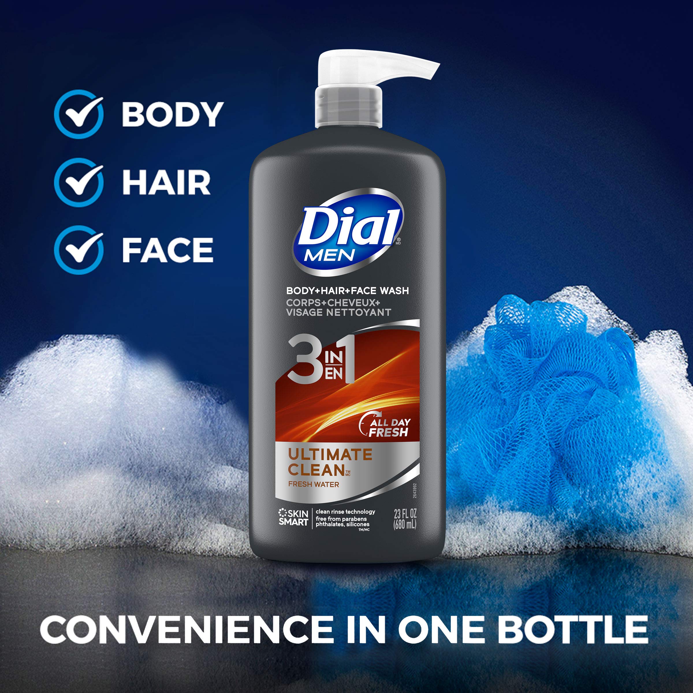 Dial Men 3In1 Body, Hair And Face Wash, Ultimate Clean, 69 Fl Oz (3-23 Fl Oz Bottles)