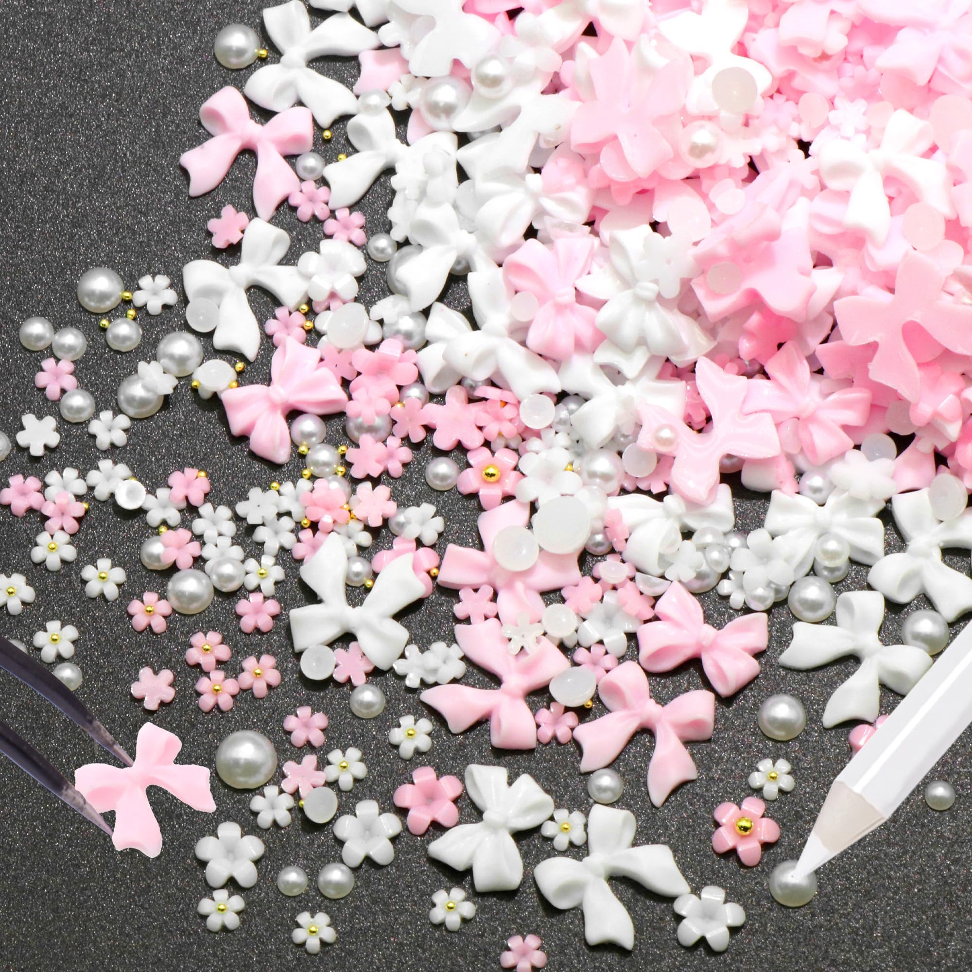 600Pcs Bow Nail Charms And Flatback Pearls,White Pink Bowknot 3D Cute Nail Charms Acrylic Flower For Nail Supplies Design,White