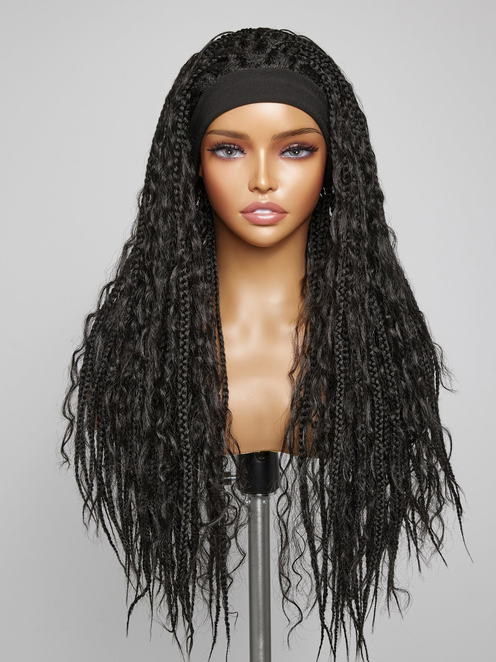 GORGIUS Goddess Braided Headband Wig with Curly Hair Black Synthetic Box Braid Wig with Head Band Attached Knotless Ready to Go 