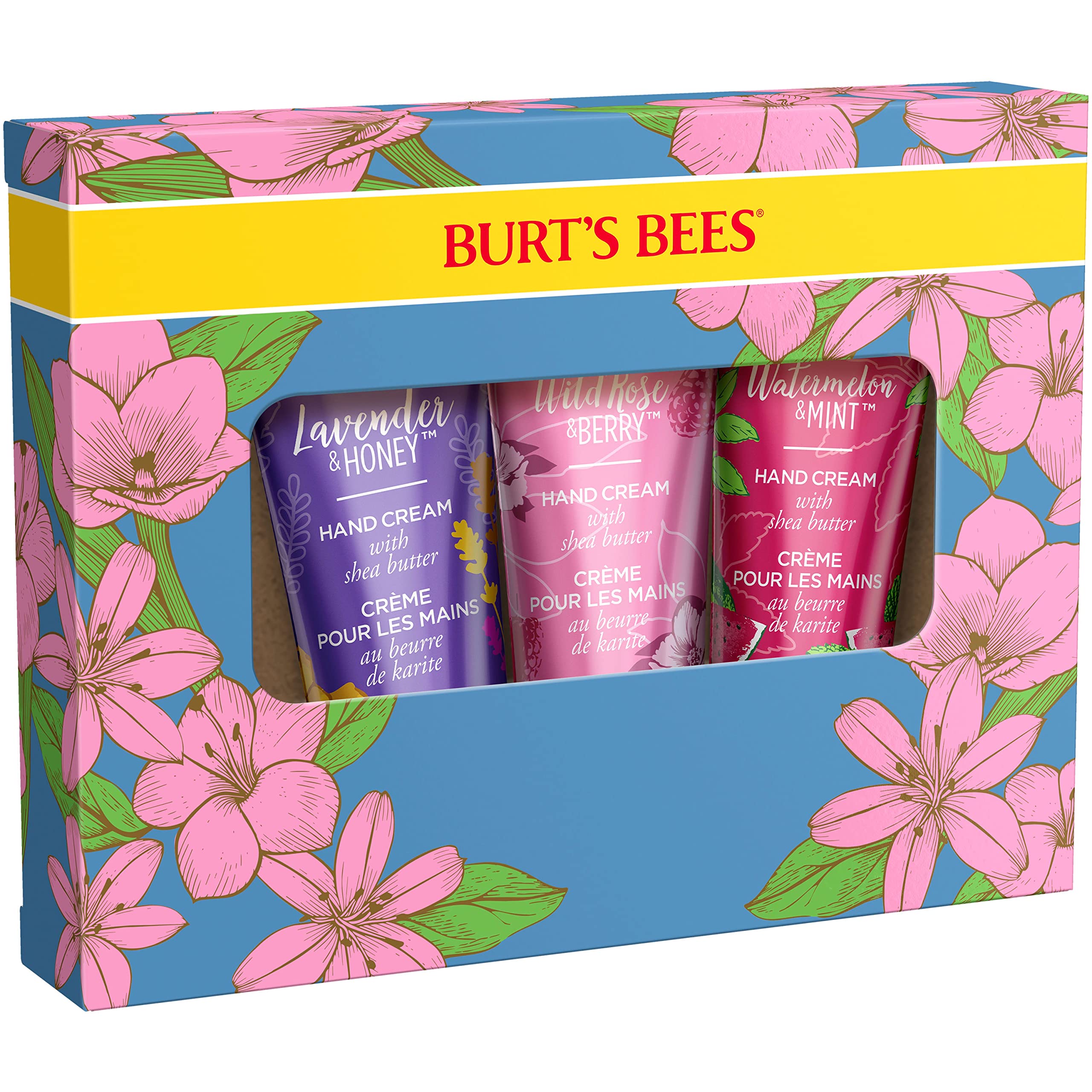 Burts Bees Spring Gift, 3 Moisturizing Self Care Gifts, Shea Butter Hand Cream Trio Spring Set - Lavender & Honey, Wild Rose & B