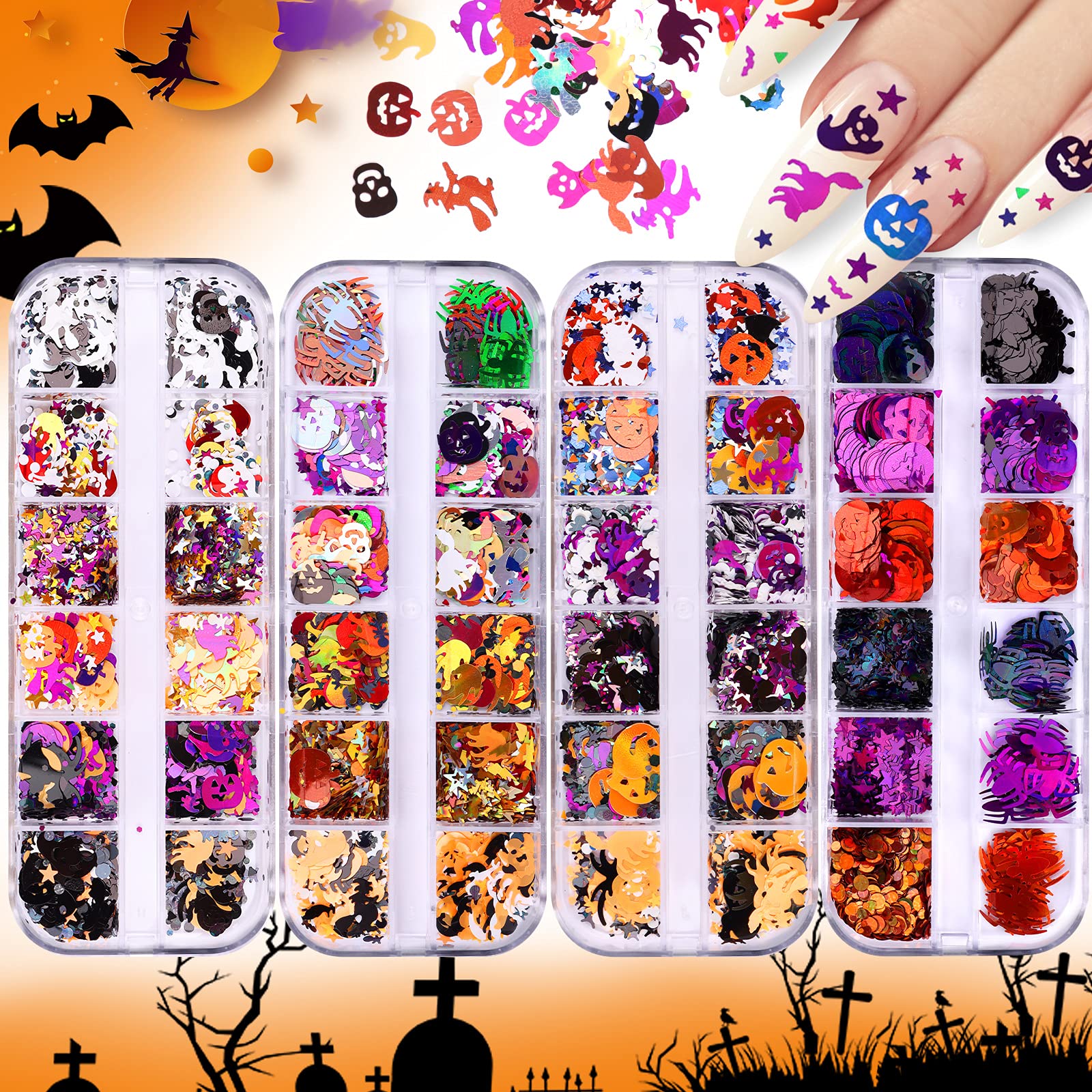 Ebanku 4 Boxes Halloween Nail Art Glitter Sequins, Holographic Skull Spider Pumpkin Bat Ghost Witch Glitter Flakes, 3D Halloween