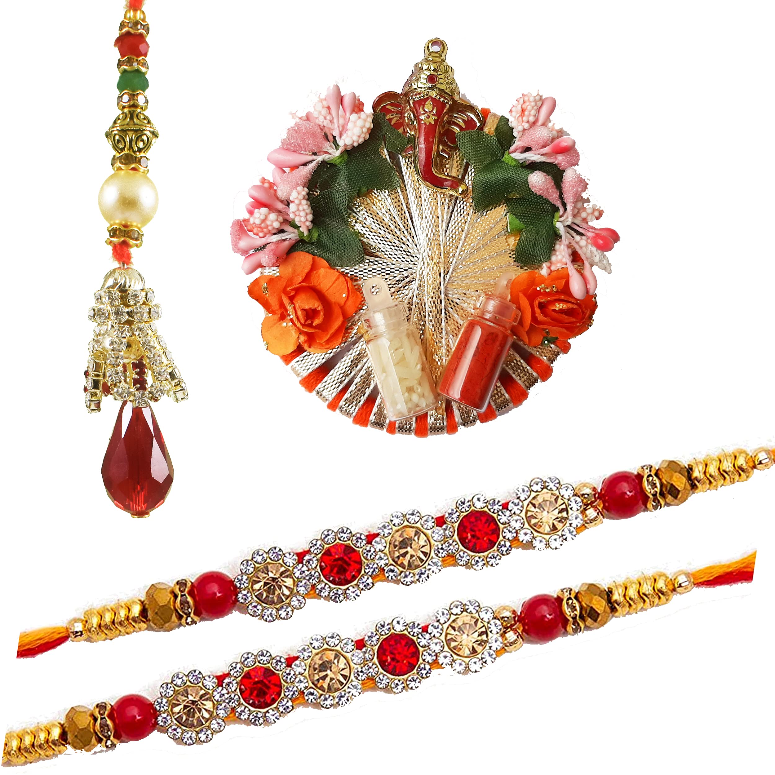 Urvi Creations 2 Pcs Red Stone Rakhi With Diamond Bhabhi Bangle Lumba With Roli Chawa Rakhi Plate For Brother Bhaiya Bhai Kids R