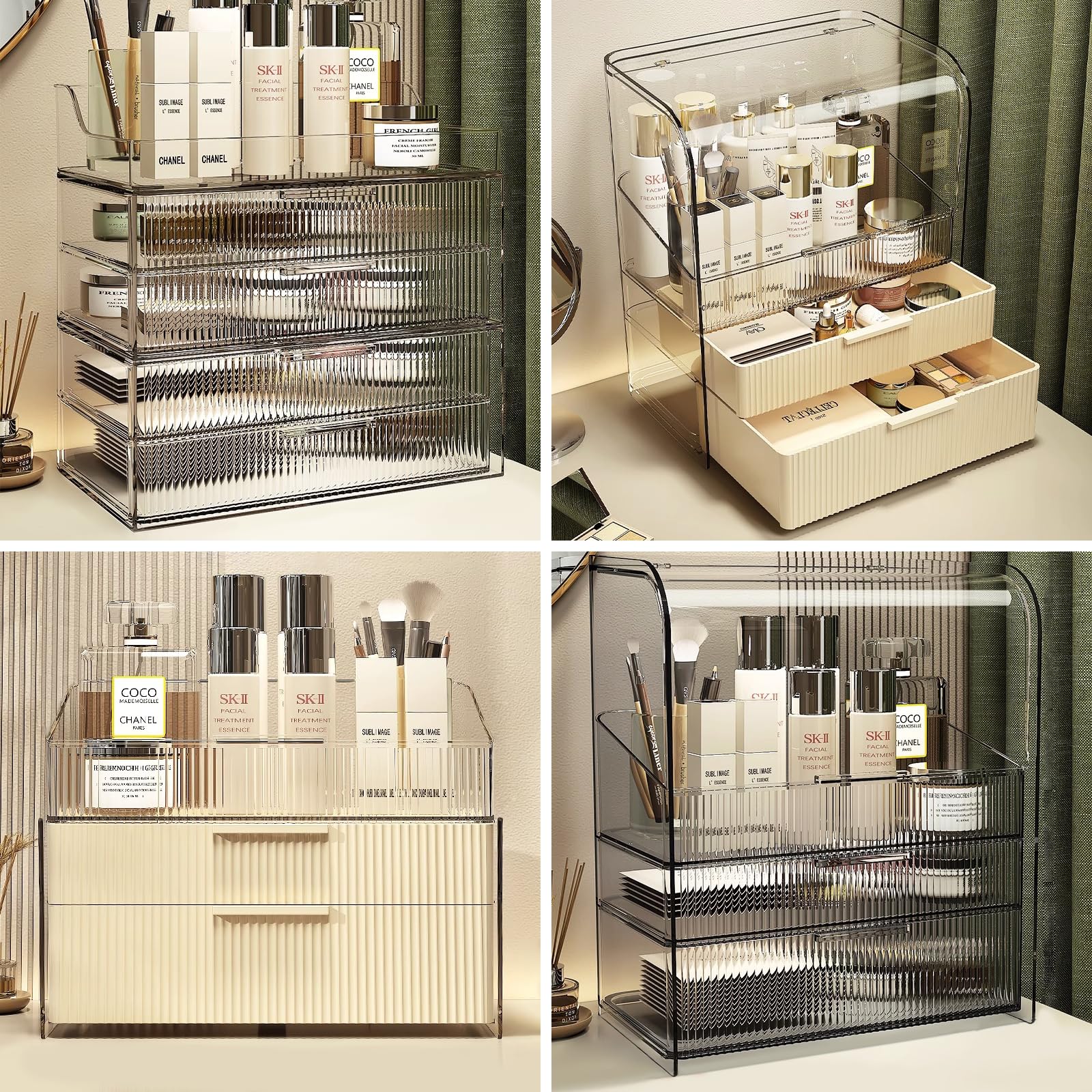 DASITON Cream Dustproof Four layers Storage Box,Makeup Brush Holder,Large Capacity Desktop Storage Box with Drawer,for Beauty Pr