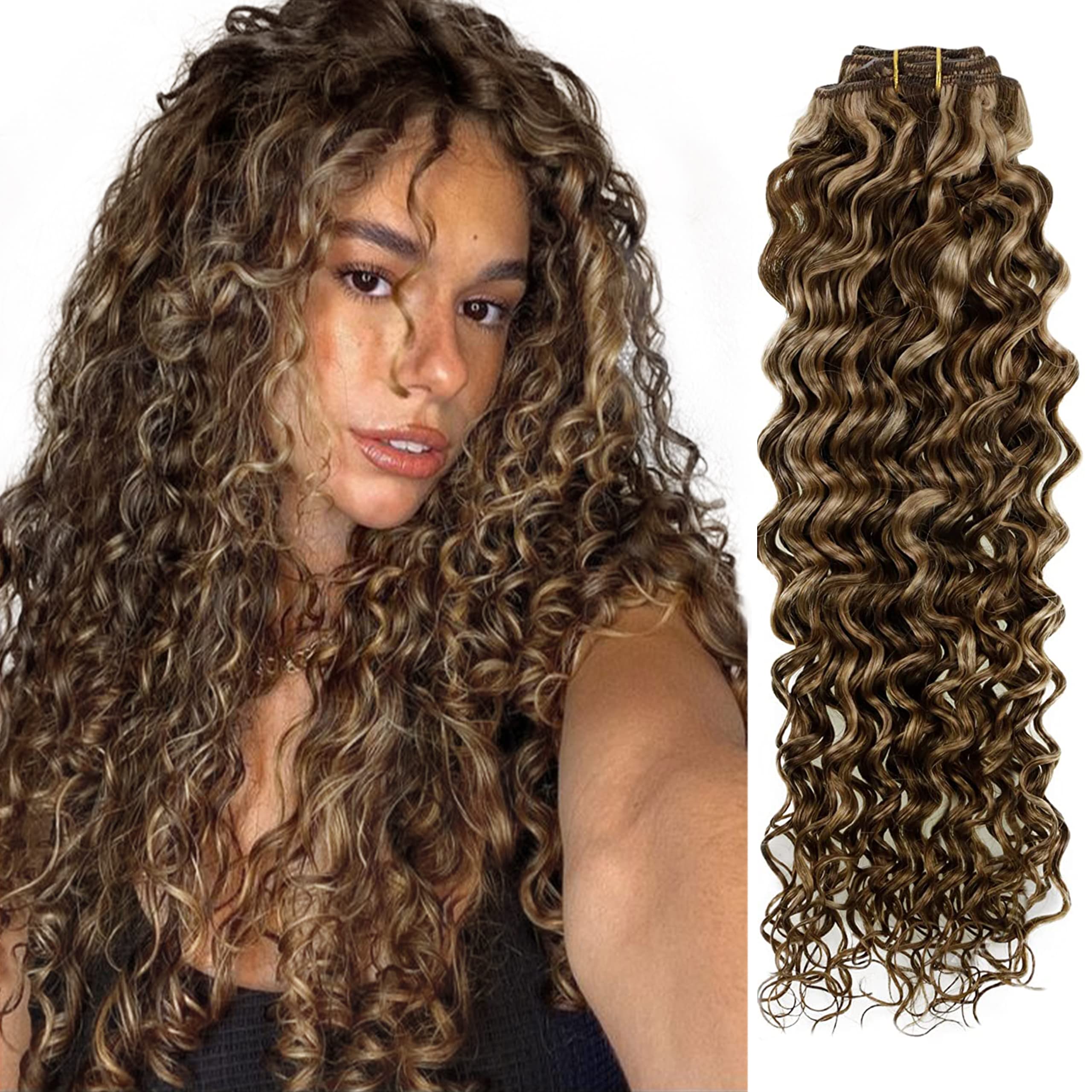 Hetto Loose Curly Hair Extensions Clip in Real Human Hair 20 Inch Natural Wavy Clip in Hair Extensions Human Hair Blonde Highlig