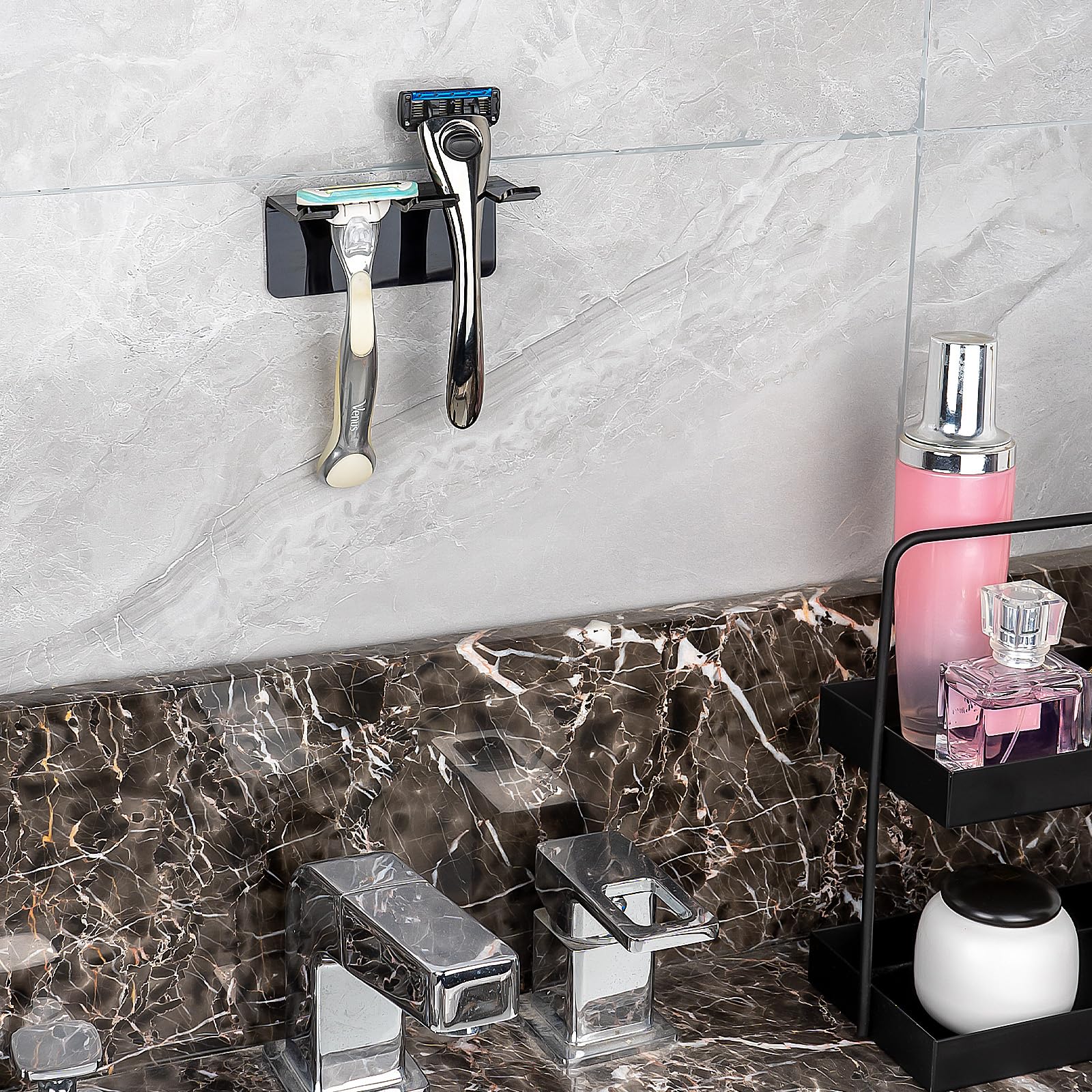 Luexbox Safety Razor Holder For Shower Wall, Self Adhesive Razor And Brush Stand For Bathroom, Shaving Brush Stand Compatible Wi