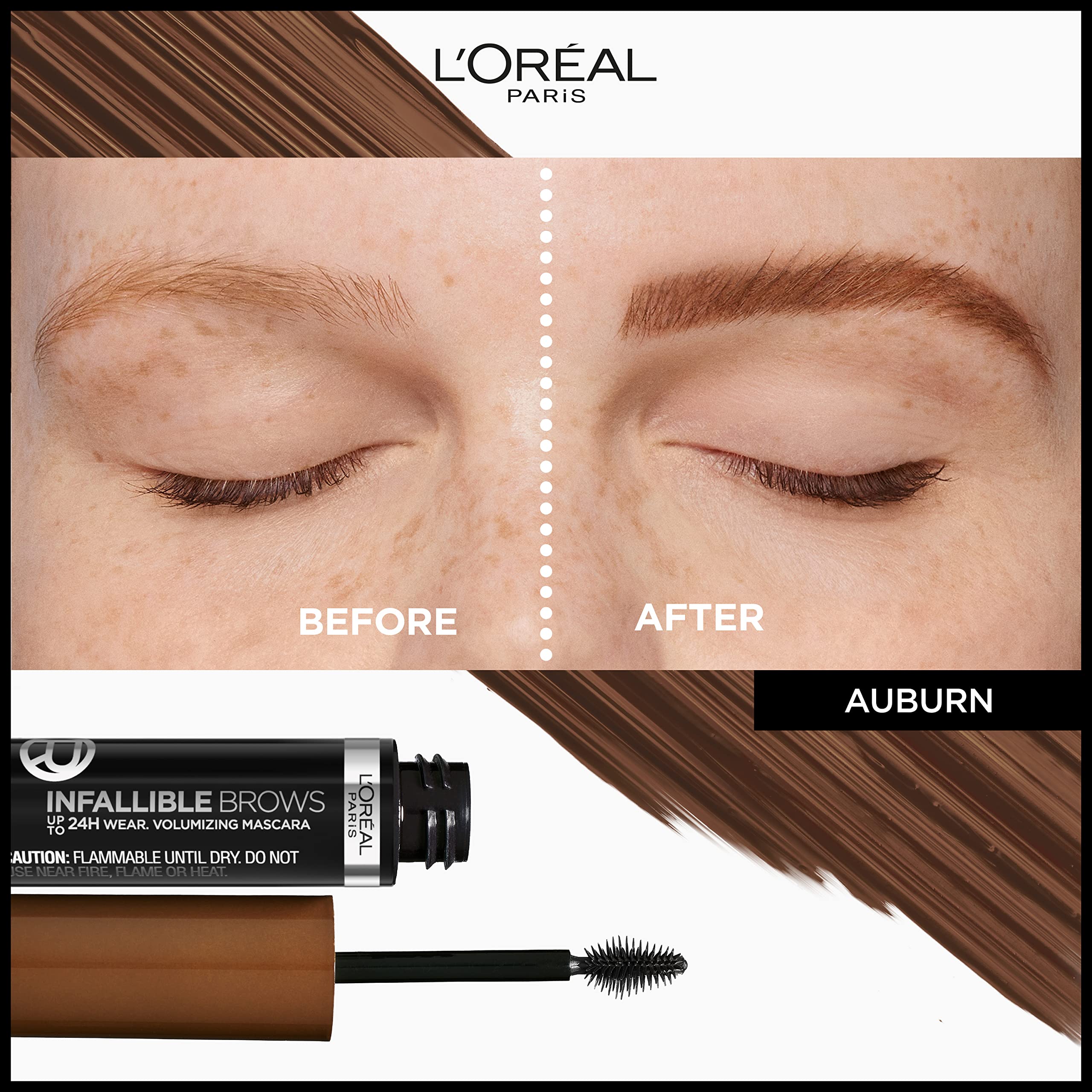 L'Oreal Paris Infallible Volumizing 24H Wear Brow Mascara, Long Lasting Eyebrow Makeup for 2X Fuller Eyebrows, 6R Auburn, 0.13 F