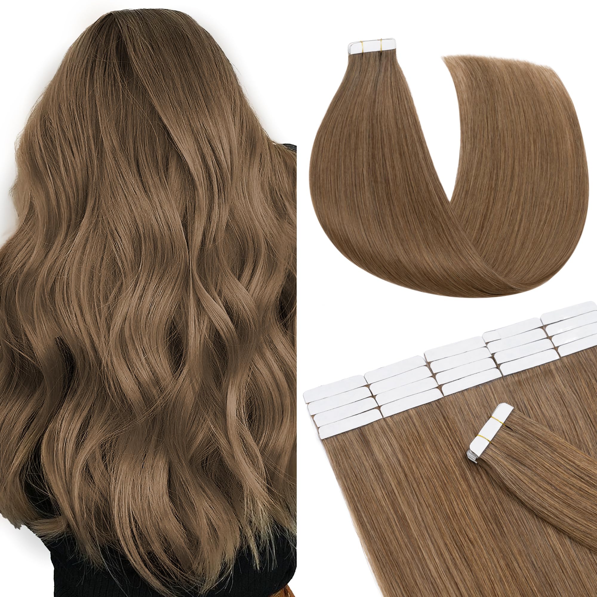 SEGO Tape In Hair Extensions Human Hair, 20pcs 50g 16 Inch Light Brown Remy Straight Human Hair Tape In Extensions for Women -#0