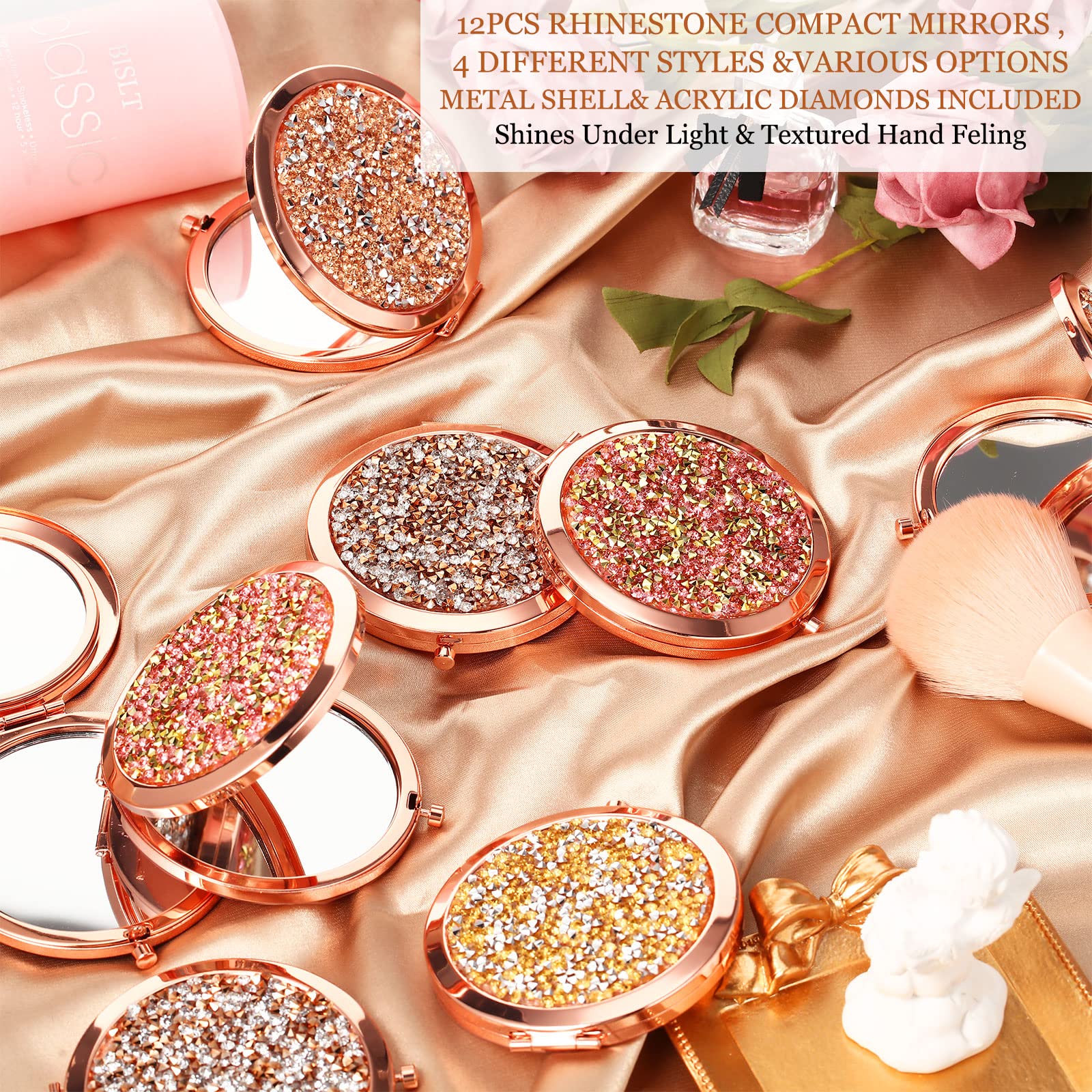 100 Pcs Small Compact Mirror Folding Pocket Makeup Mirror Round Hand Held Mirror Cosmetic Magnifying Compact Mirror Rhinestone M