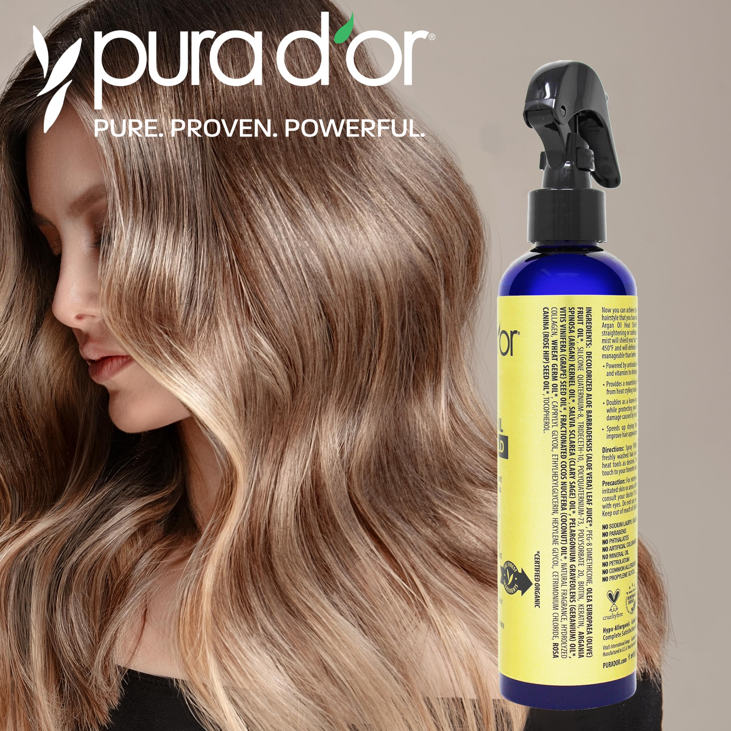 PURA D'OR 8 Oz Argan Oil Heat Shield Protectant Spray with Select Organic Ingredients, Protects Up To 450 F From Flat Iron & Hot