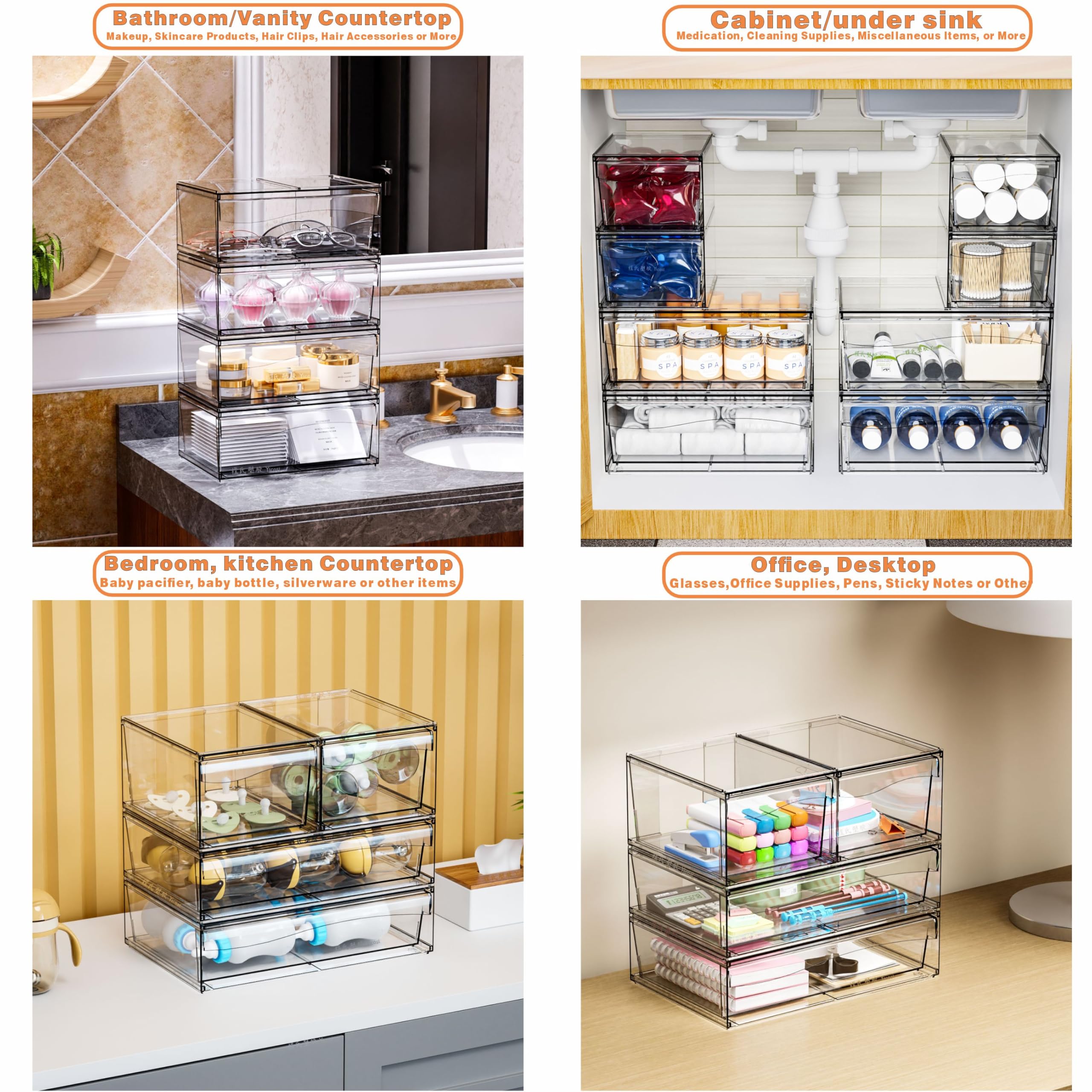 4 Pack Clear Stackable Storage Drawers,12W Large Bathroom Makeup Organizer and Pen,Sunglass,Medicine,Baby Bottle Organizer,Plast