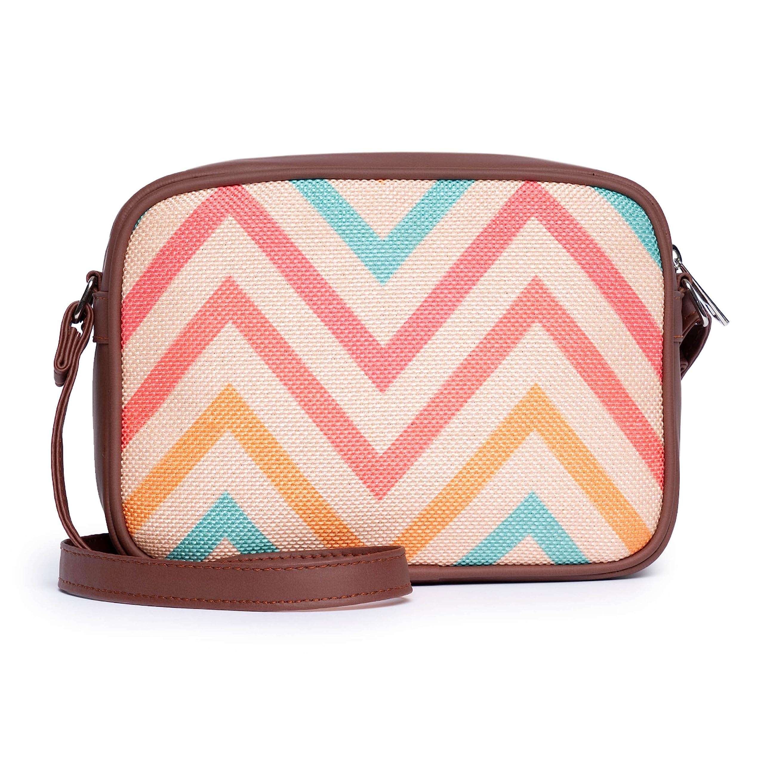 ZOUK Womens Handmade Vegan Leather and Indian Fabric Jute Wave Beach Print Sling Bag with Adjustable Shoulder Strap (WavBeach)