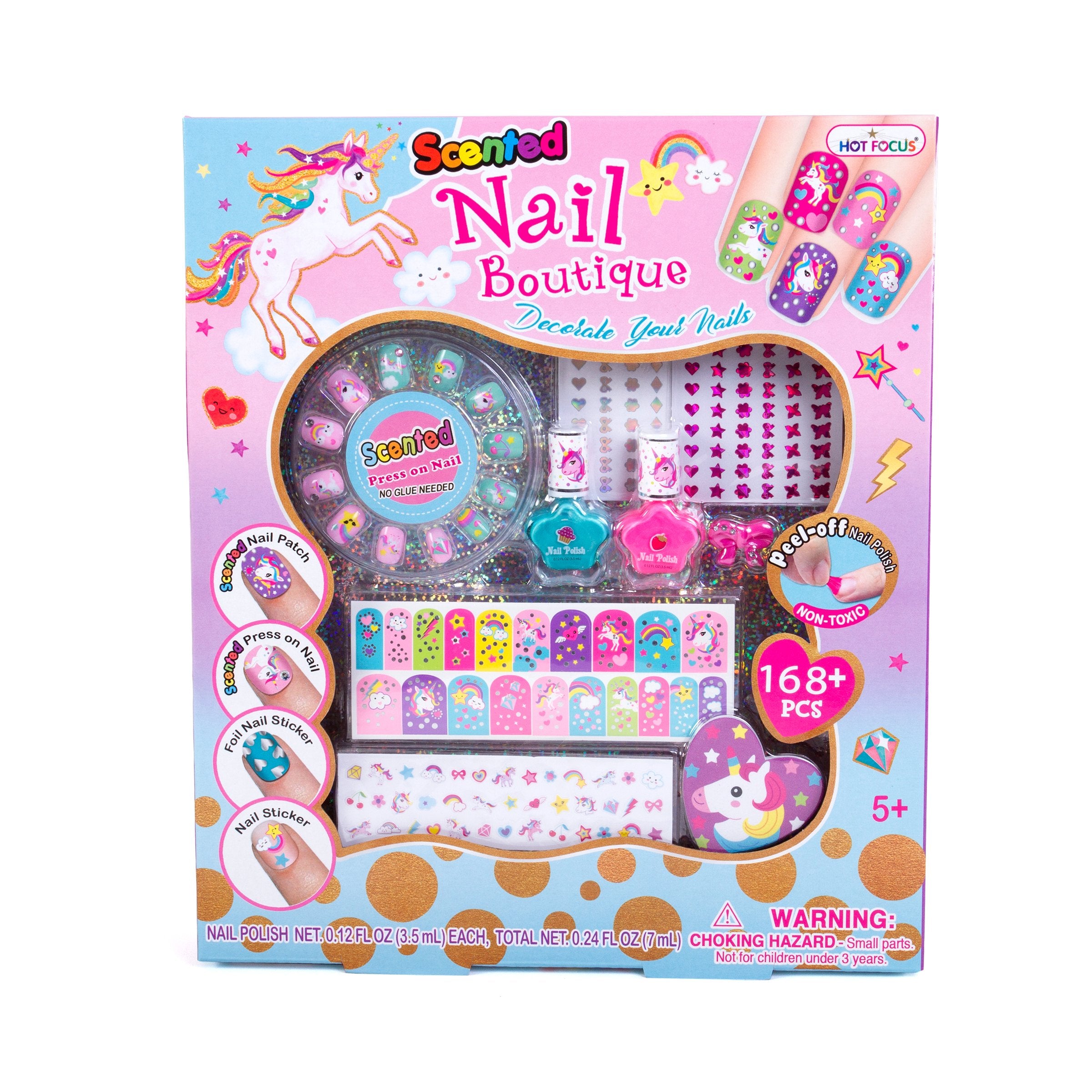 Hot Focus Scented Nail Boutique - 168 Piece Unicorn Nail Art Kit Includes Press On Nails, Nail Patches, Nail Stickers, Nail Poli