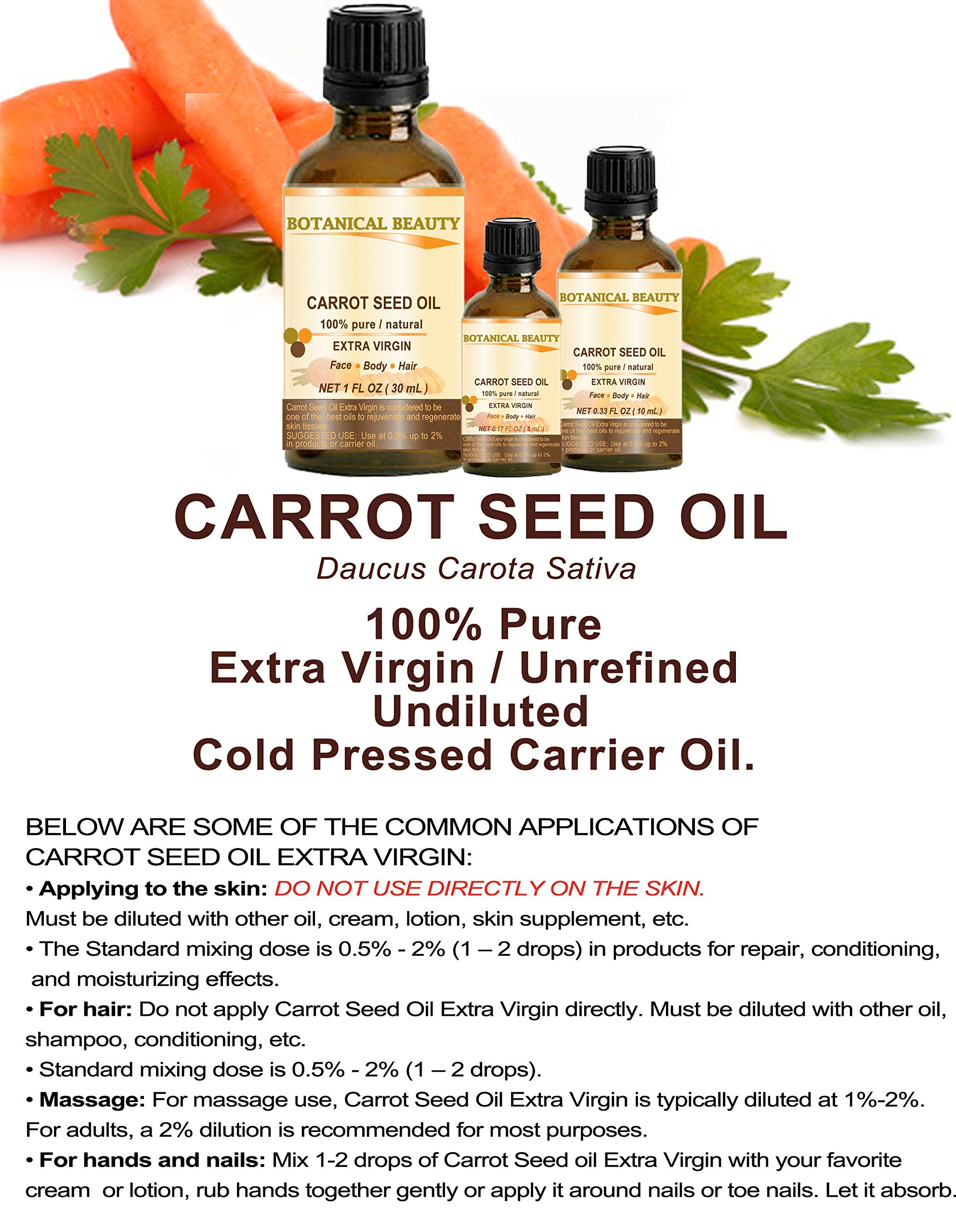 Botanical Beauty Carrot Seed Oil 100% Pure/Natural/Extra Virgin/Unrefined/Cold Pressed/Undiluted Carrier Oil. 0.33 Fl.Oz.- 10 Ml