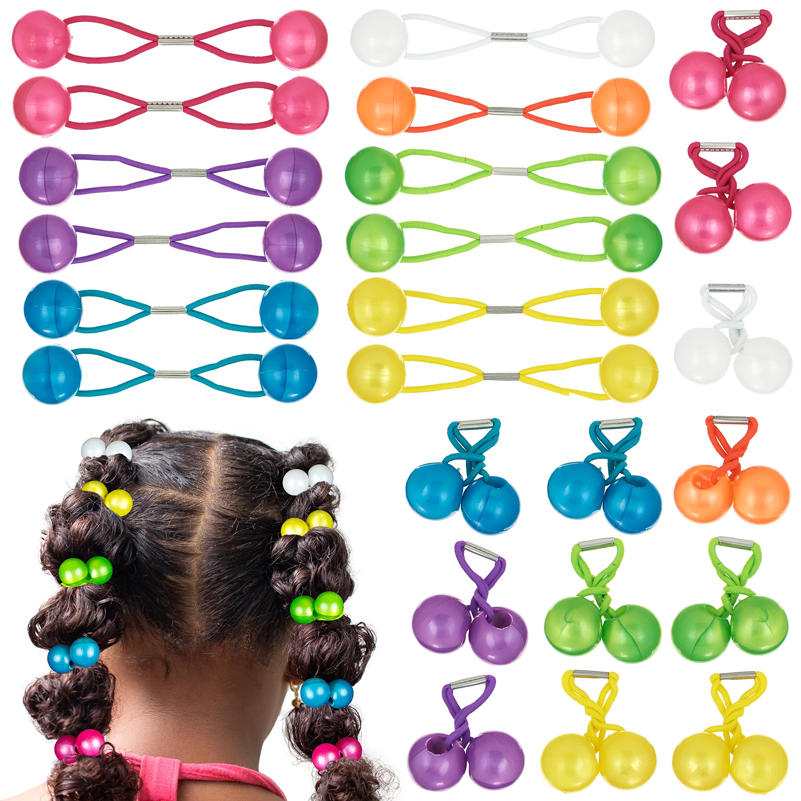 Expressions 24pc Large Elastic Hair Ties with Balls Collection, Brightly Colored Marble Finish Elastic Hair Bands for Girls Hair
