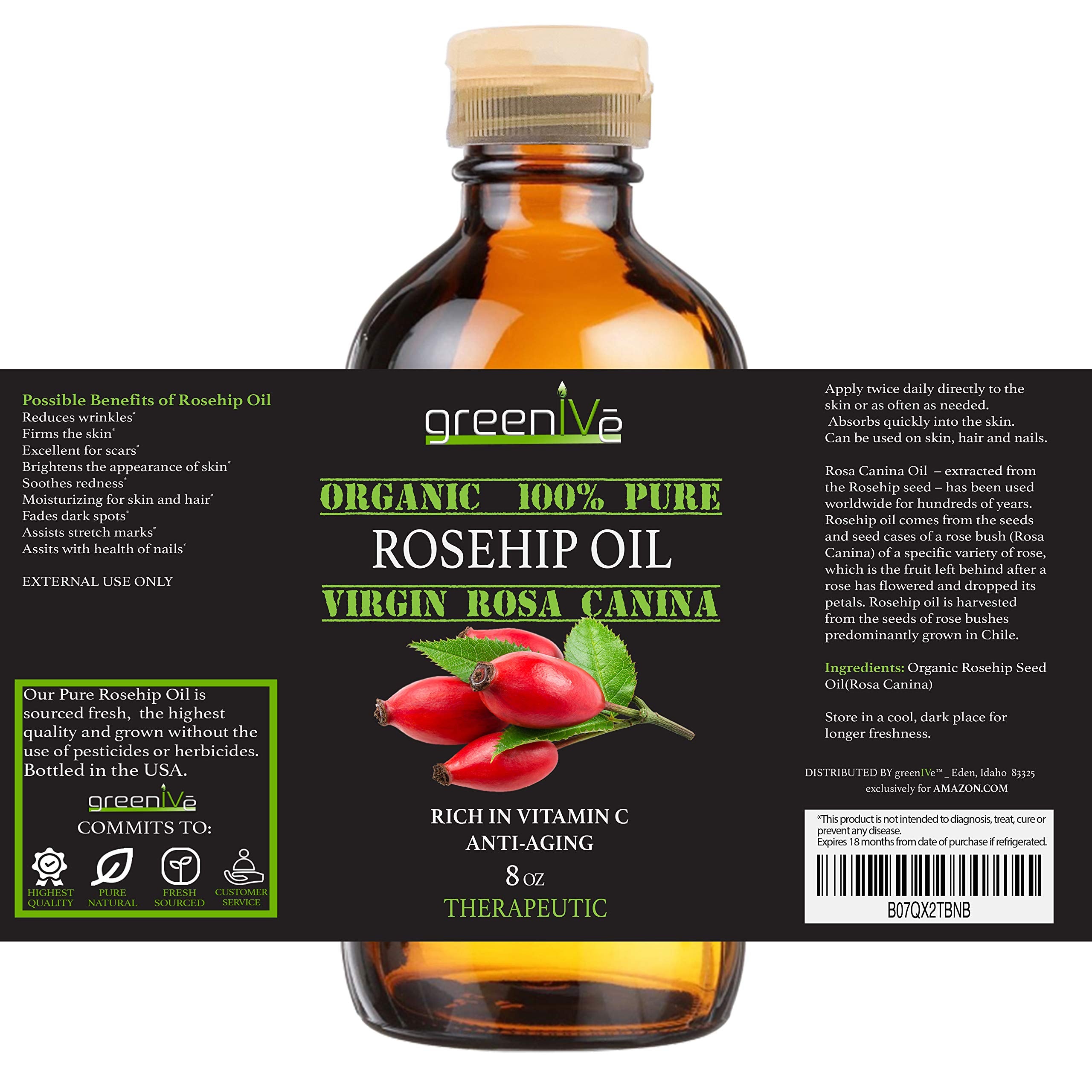 GreenIVe Organically Grown Rosehip Oil Rosa Canina 100% Pure Cold Pressed Virgin Oil Exclusively on Amazon (8 Fl Oz)