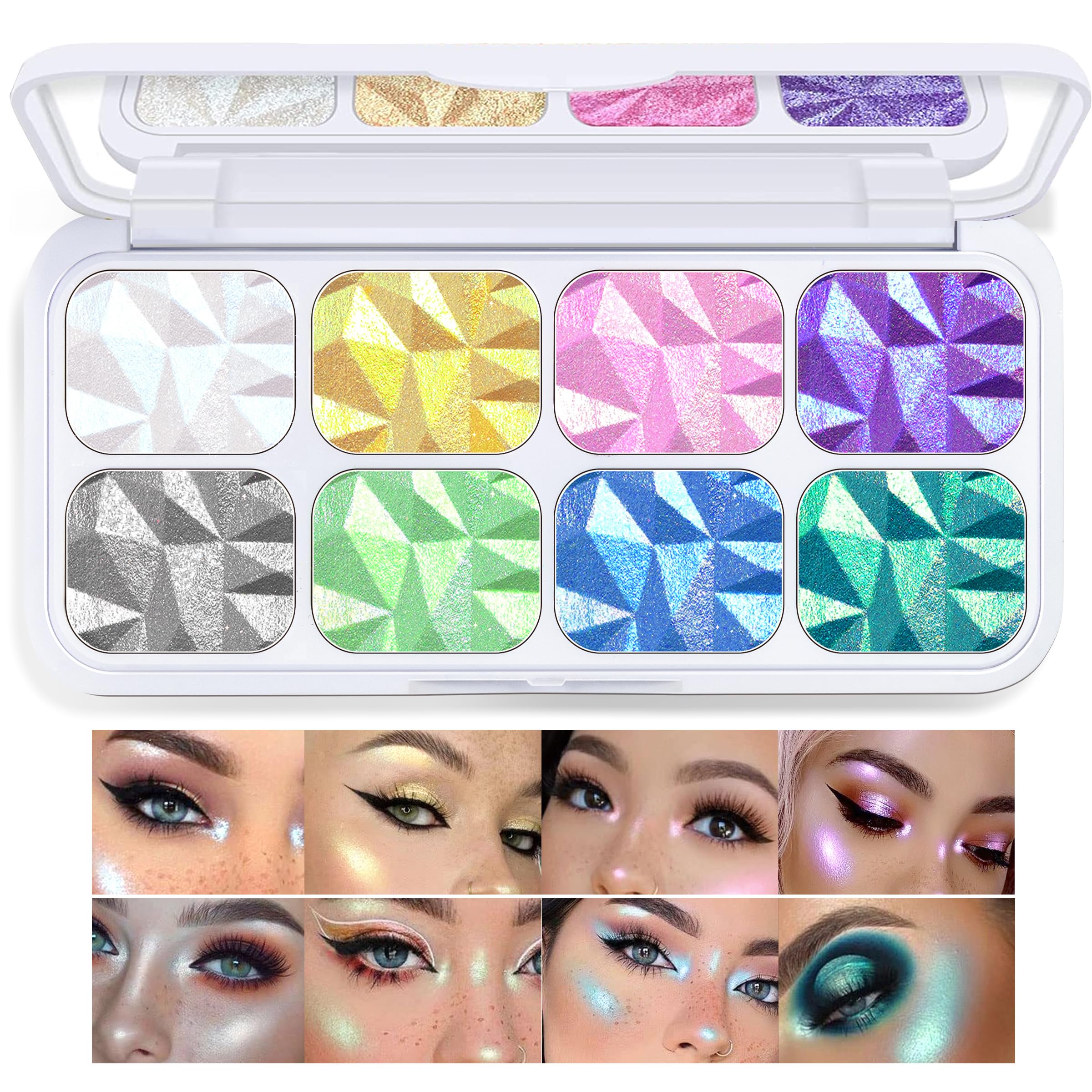 Hosaily 8 Colors Face Highlighter Makeup Palette Diamond Glitter Iluminadores De Maquillaje, Intense-Color Chameleon Eyeshadow R