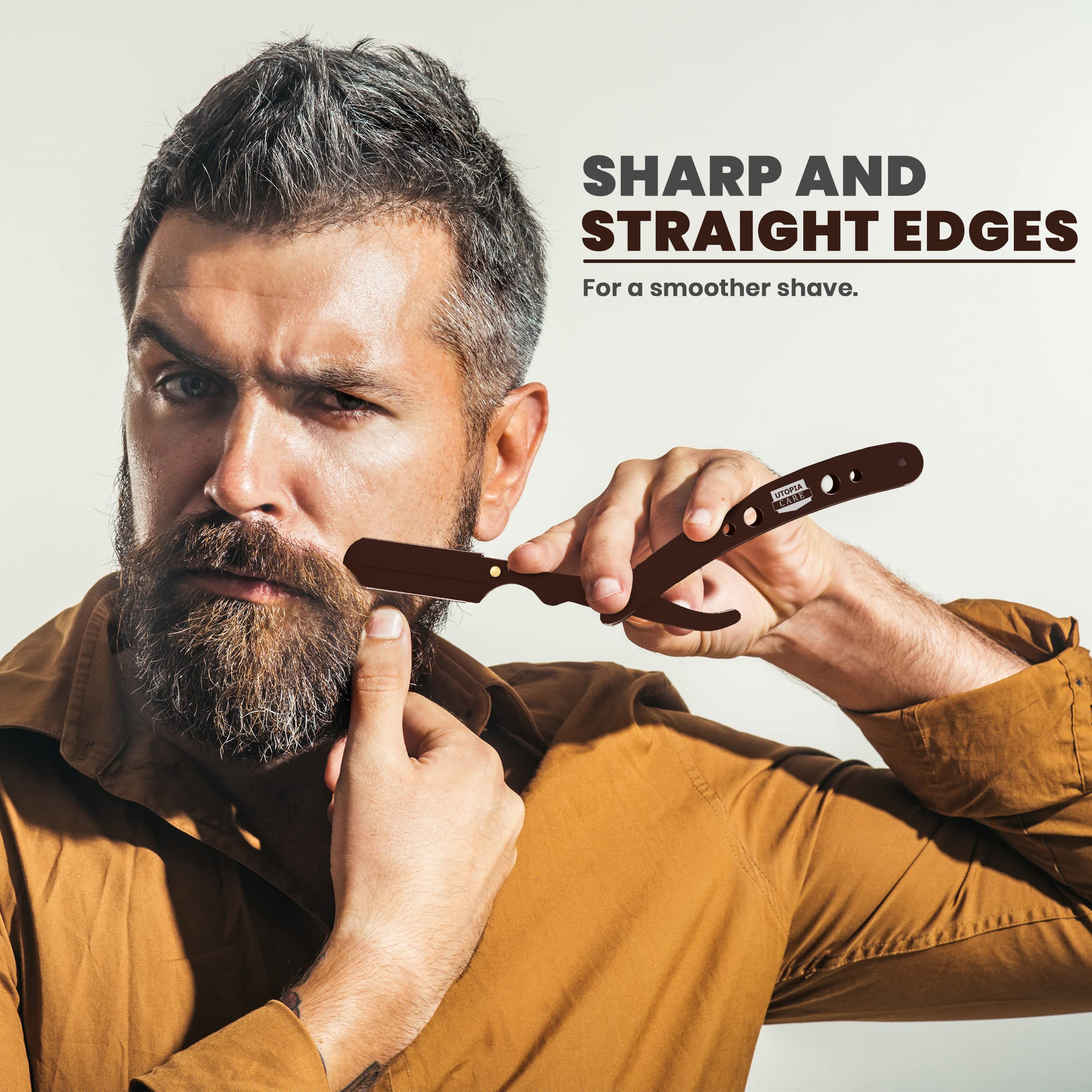 Utopia Care Professional Barber Straight Edge Razor Safety With 100-Pack Blades - 100 Percent Stainless Steel (Brown)