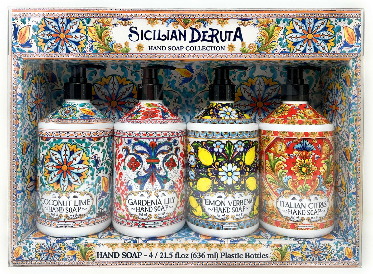 Sicilian Deruta | Hand Soap Collection 4 x 21.5 fl.oz Plastic Bottles Italian Citrus Lemon Verbena Gardenia Lily Coconut Lime 86