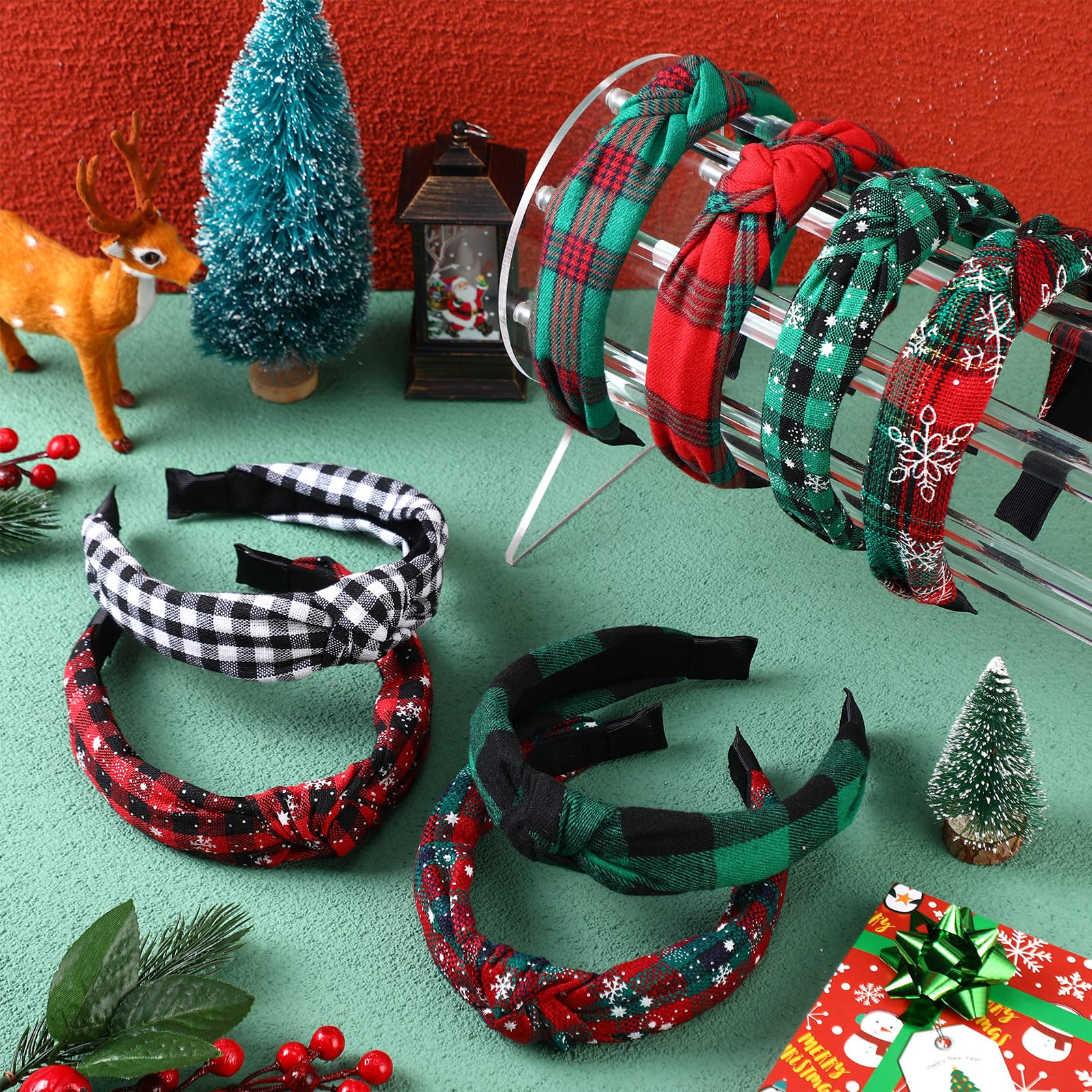 Yilloog 12 Pcs Christmas Knotted Retro Hair Band Snowflake Buffalo Plaid Headband Green Red for Women Wide Accessories Holiday H
