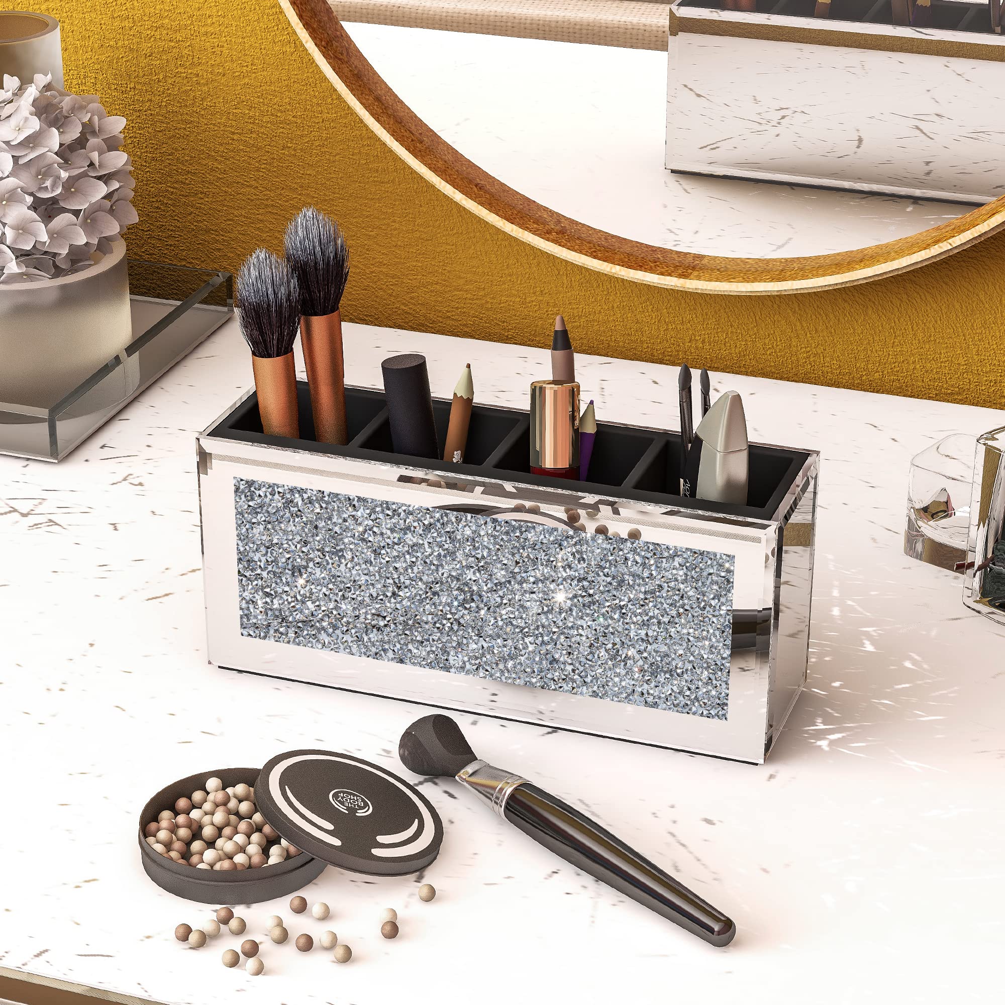 Shyfoy 4-Compartment Makeup Brush Holder, Mirrored Makeup Organizer With Crushed Diamond Crystals, Vanity Cosmetics Organizer So