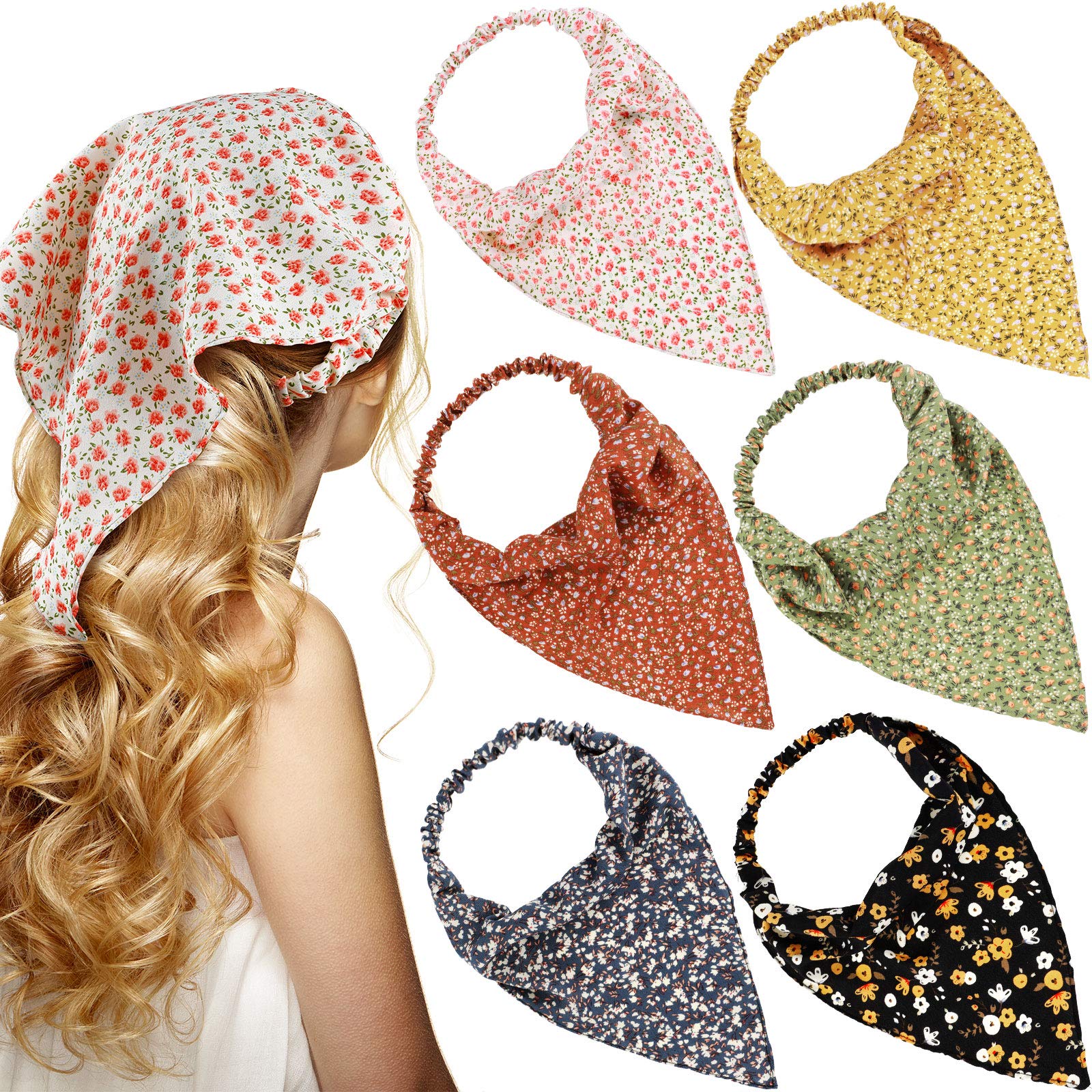 Syhood 6 Pcs Floral Elastic Hair Bandanas Boho Scarf Headband Chiffon Head Kerchief Turban with Hair Clips for Women(Bright Flor